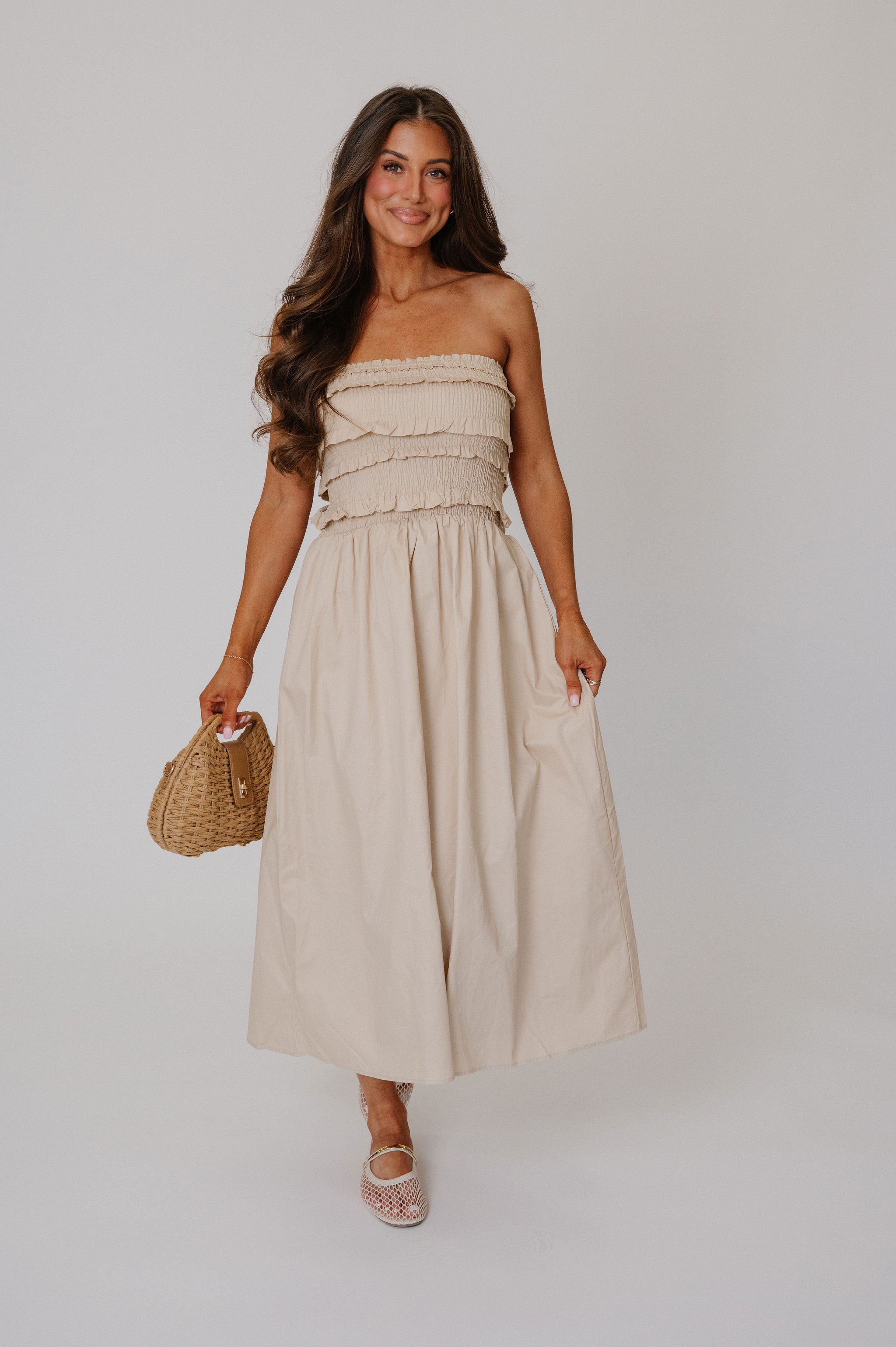 Sara Strapless Midi Dress-Beige