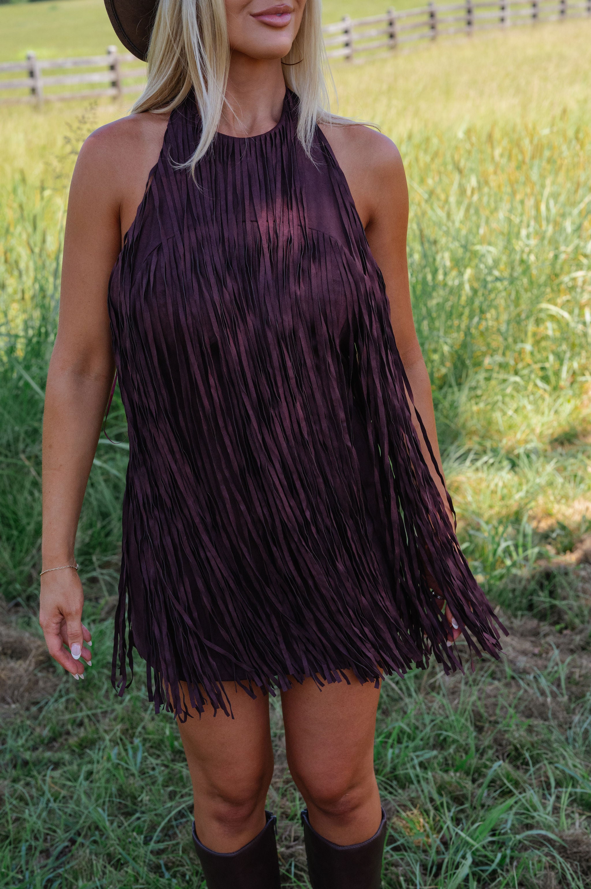 Kai Mini Suede Fringe Dress-Black Cherry