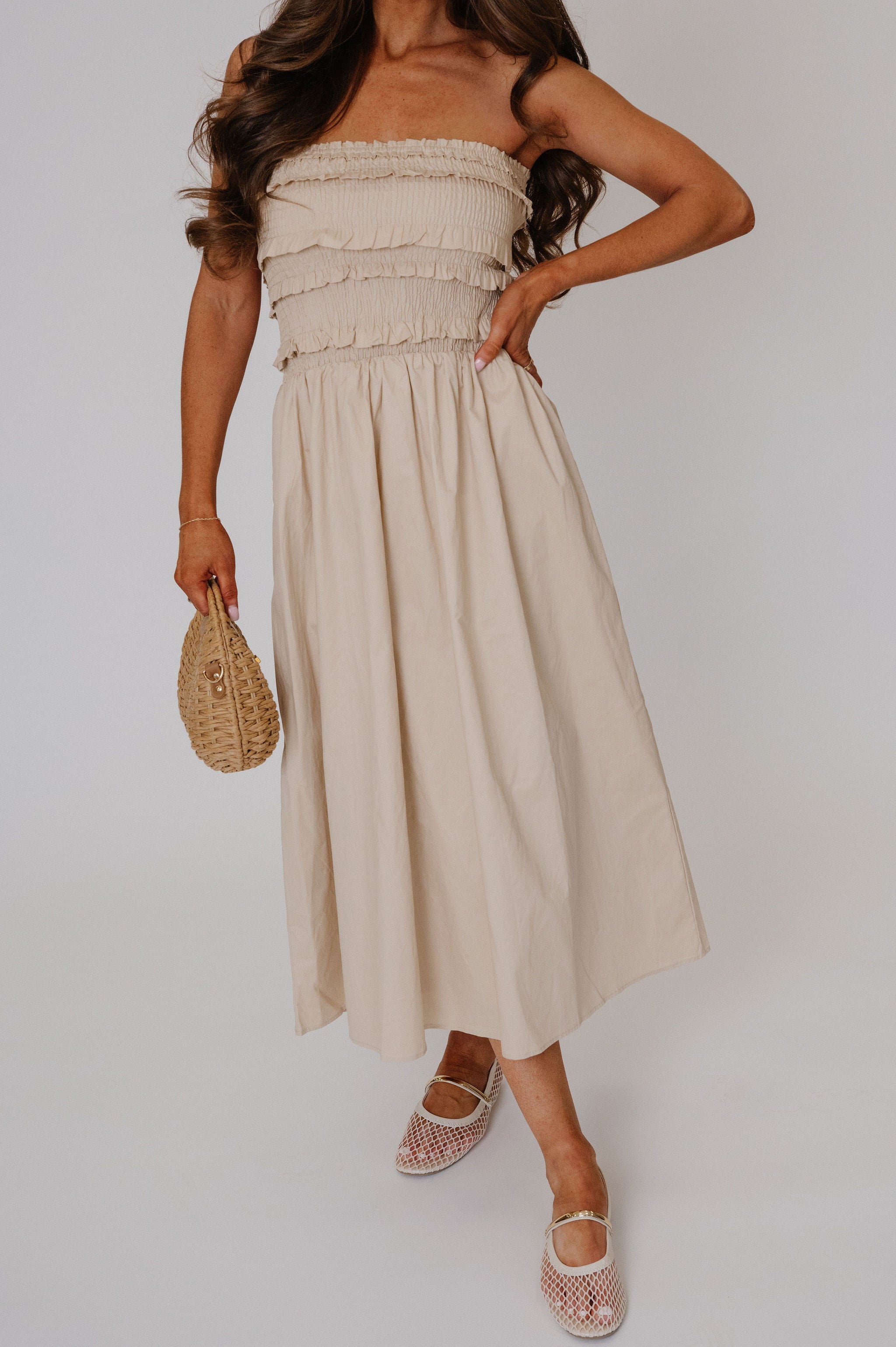 Sara Strapless Midi Dress-Beige