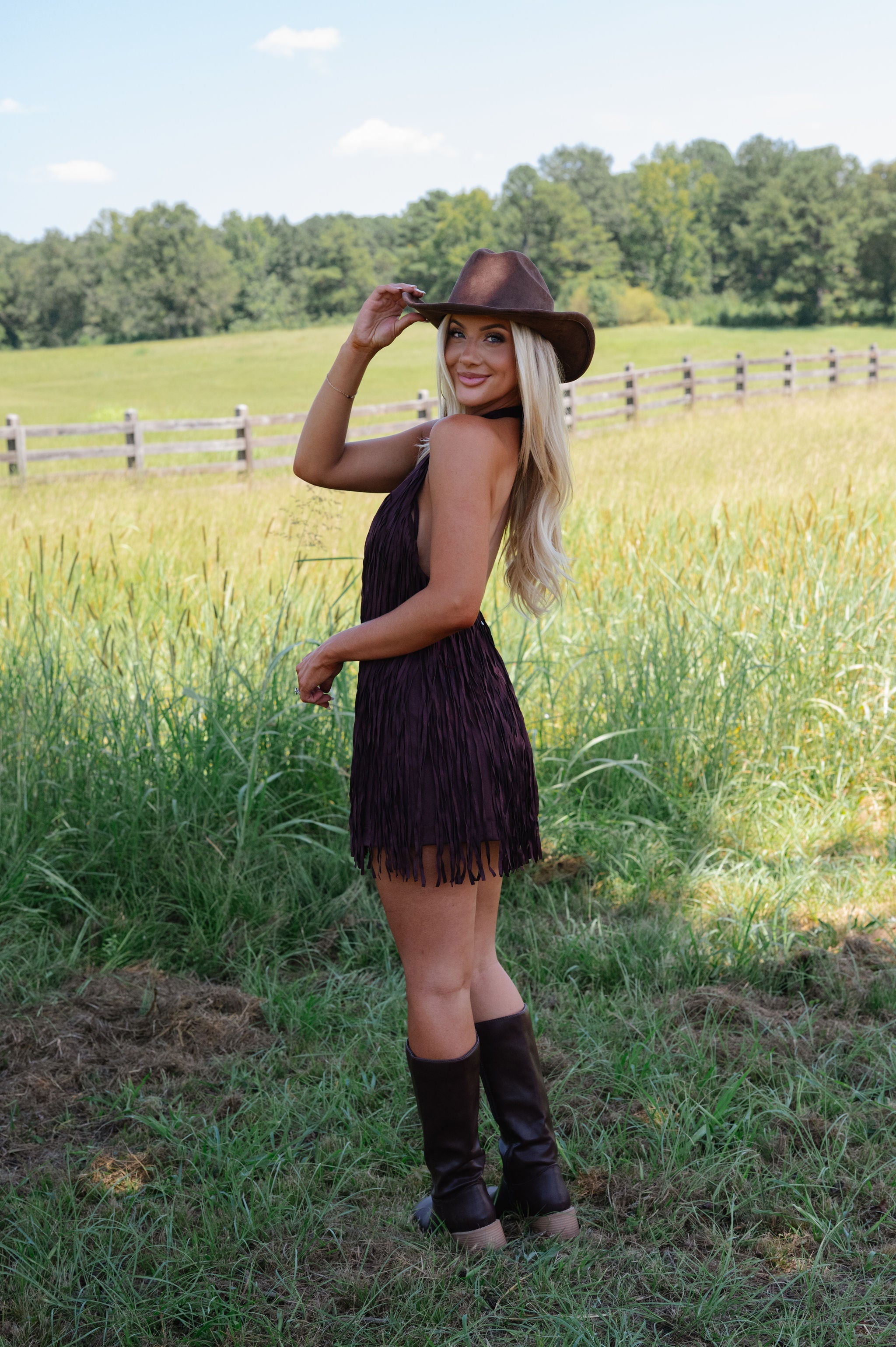 Kai Mini Suede Fringe Dress-Black Cherry