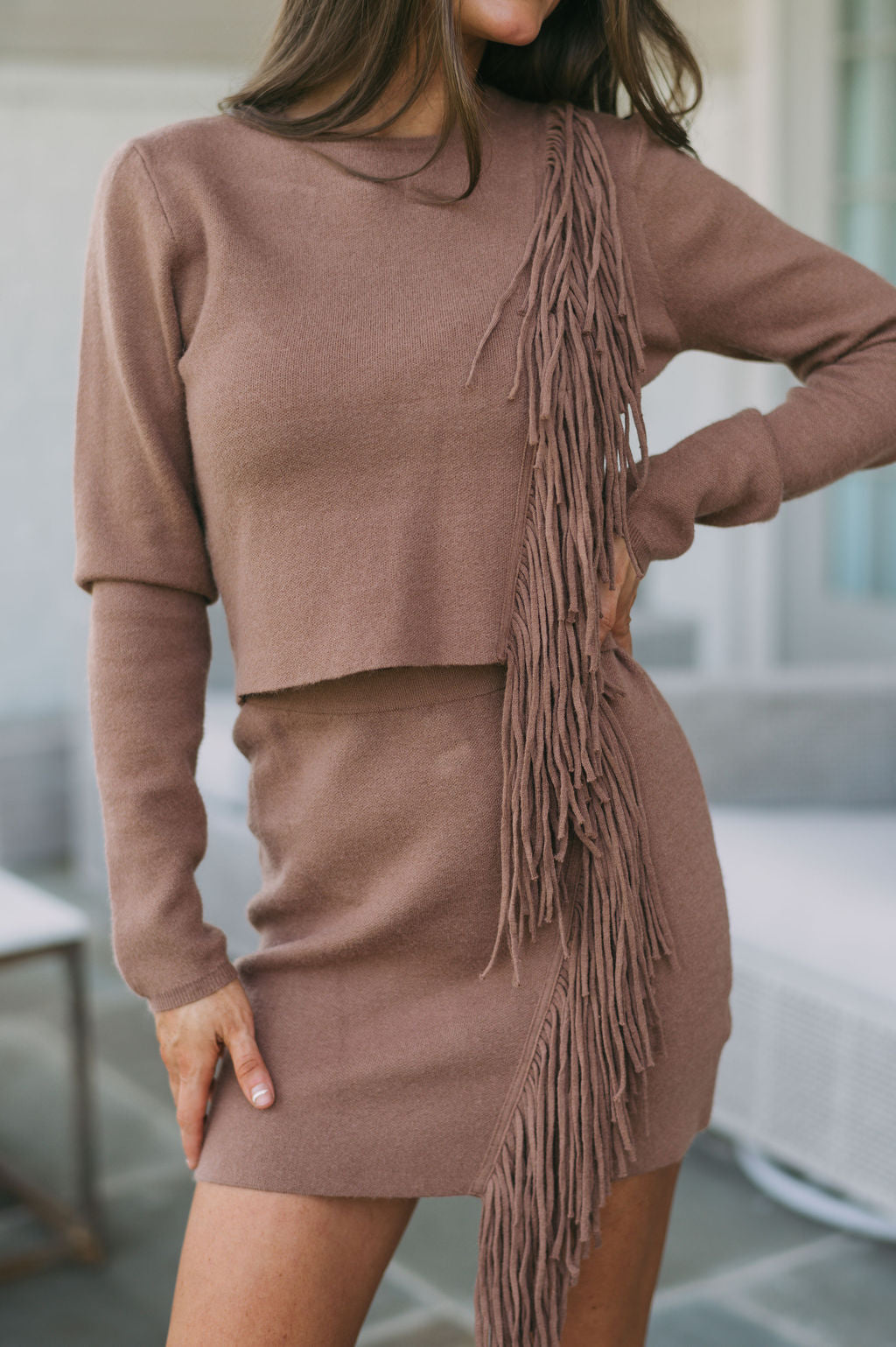 Fringe Accented Knit Skirt Set