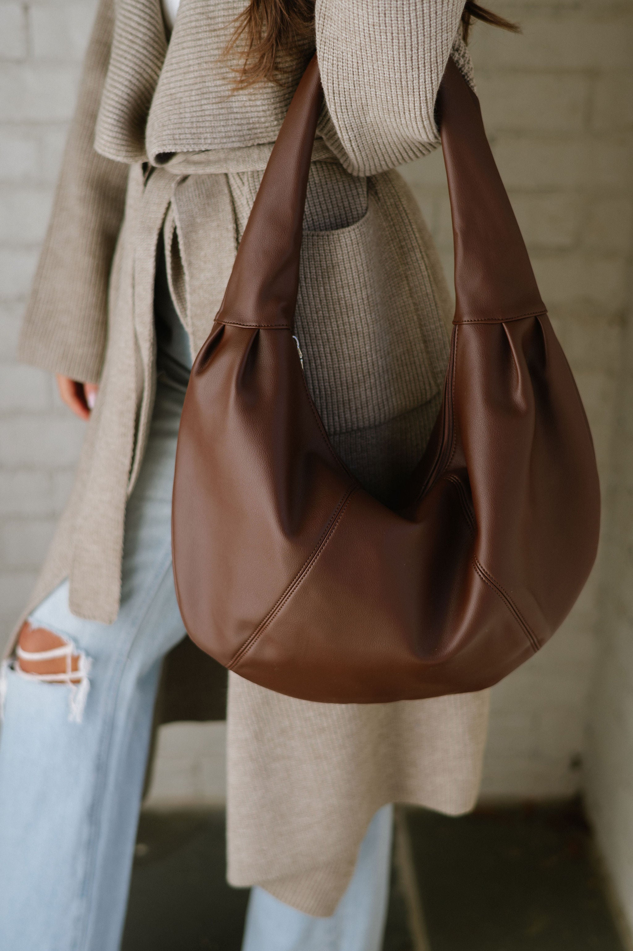 Chic Faux Leather Tote-Brown