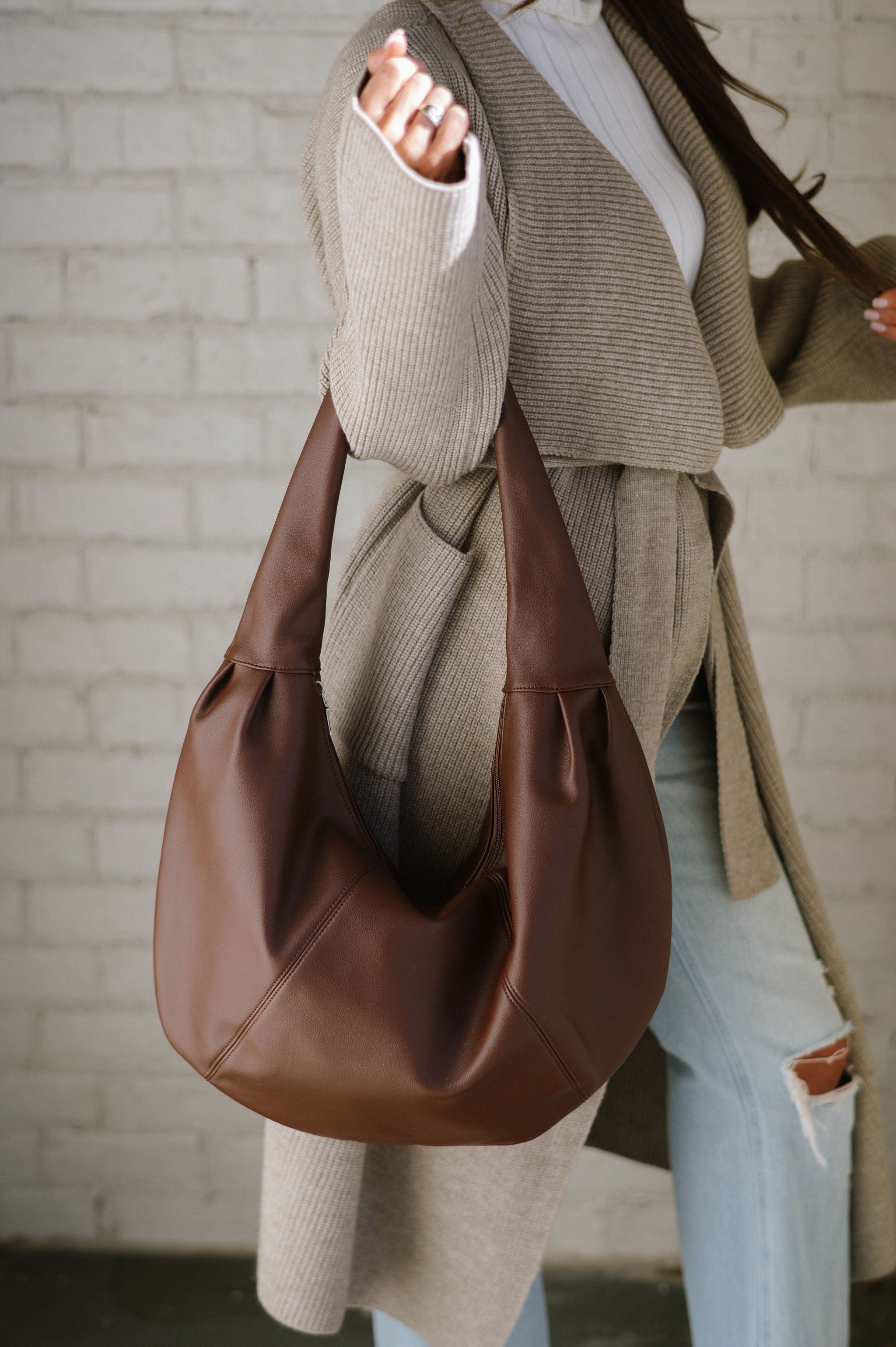 Chic Faux Leather Tote-Brown