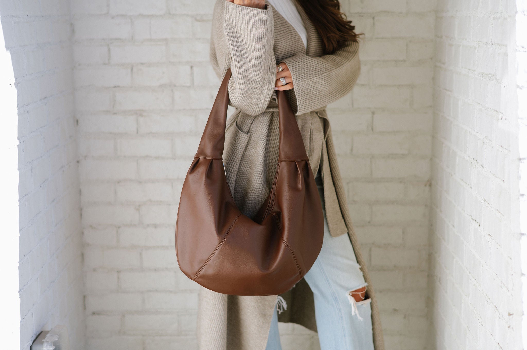 Chic Faux Leather Tote-Brown