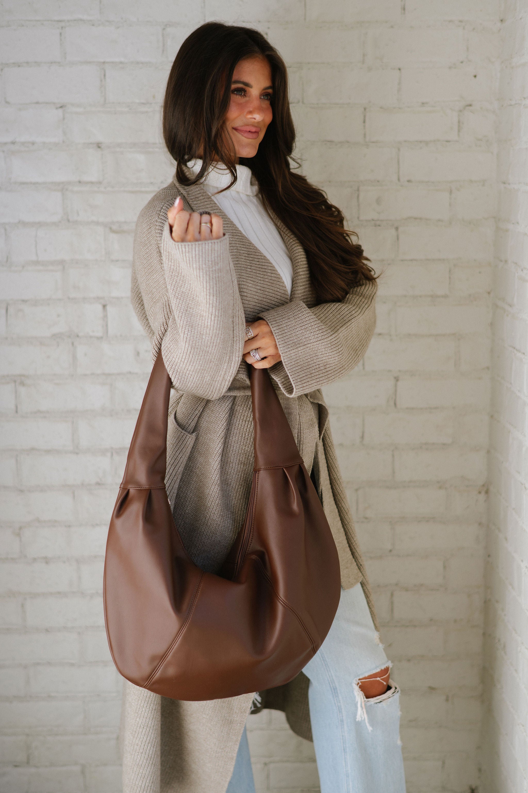 Chic Faux Leather Tote-Brown