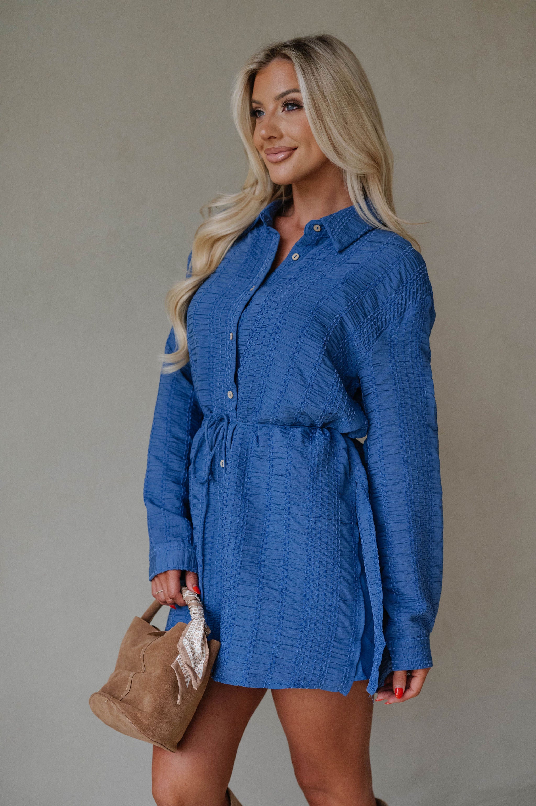 Belted Button-Up Shirt Romper-Retro Blue