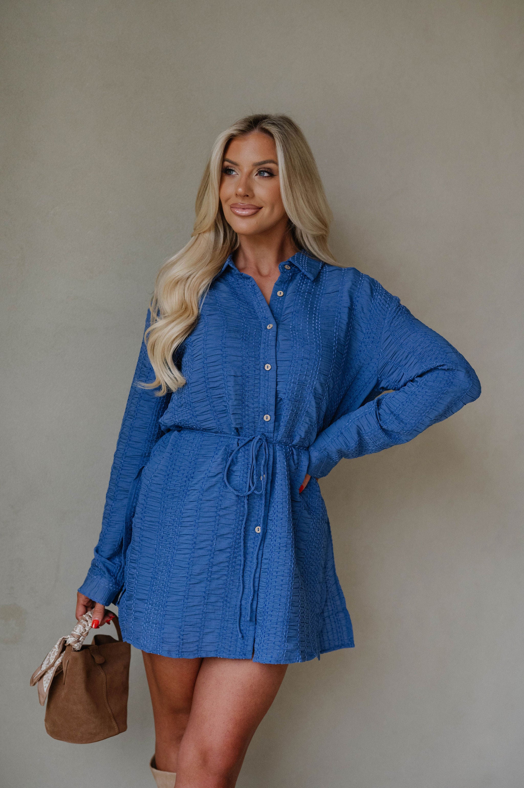 Belted Button-Up Shirt Romper-Retro Blue