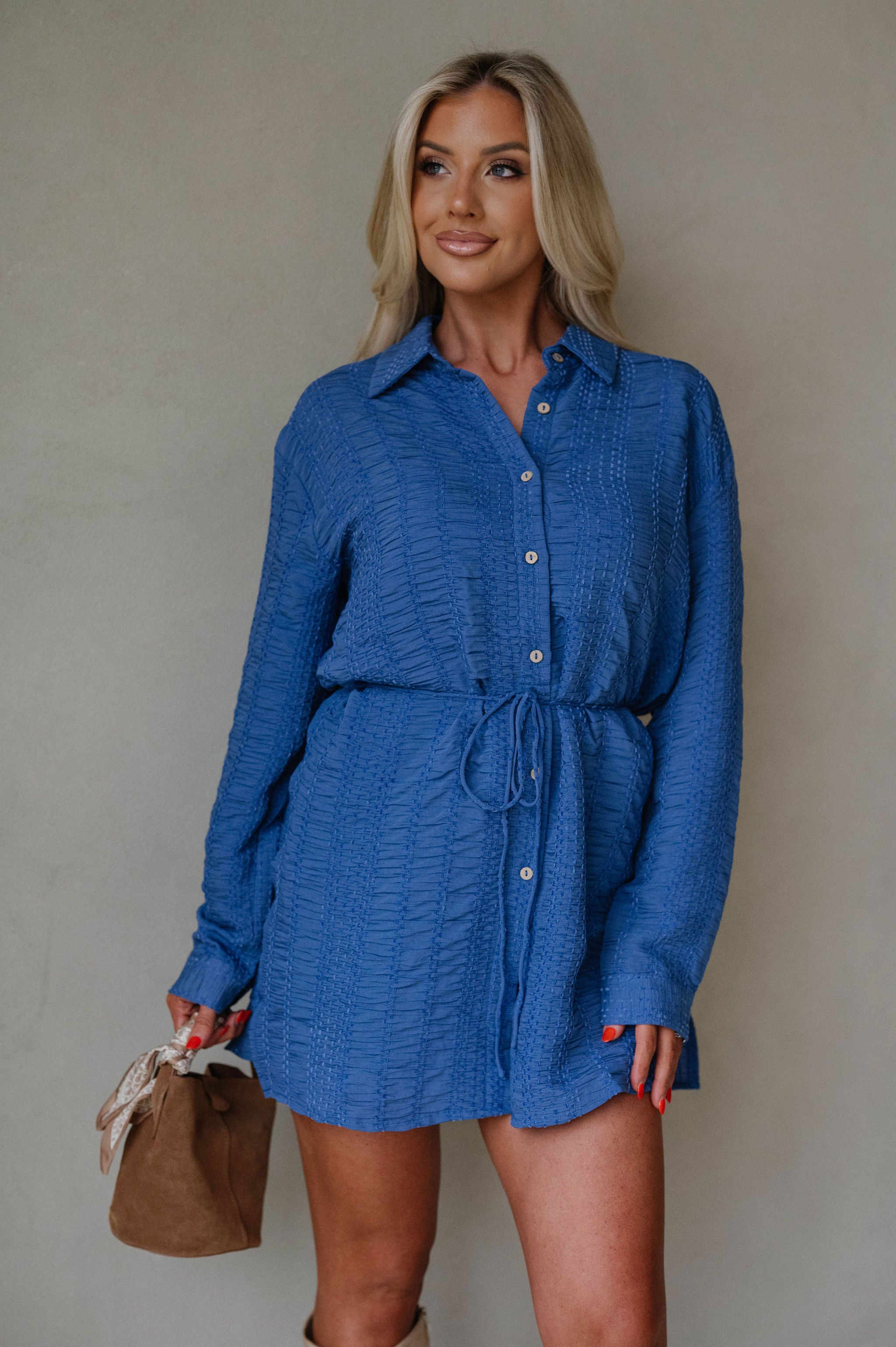 Belted Button-Up Shirt Romper-Retro Blue