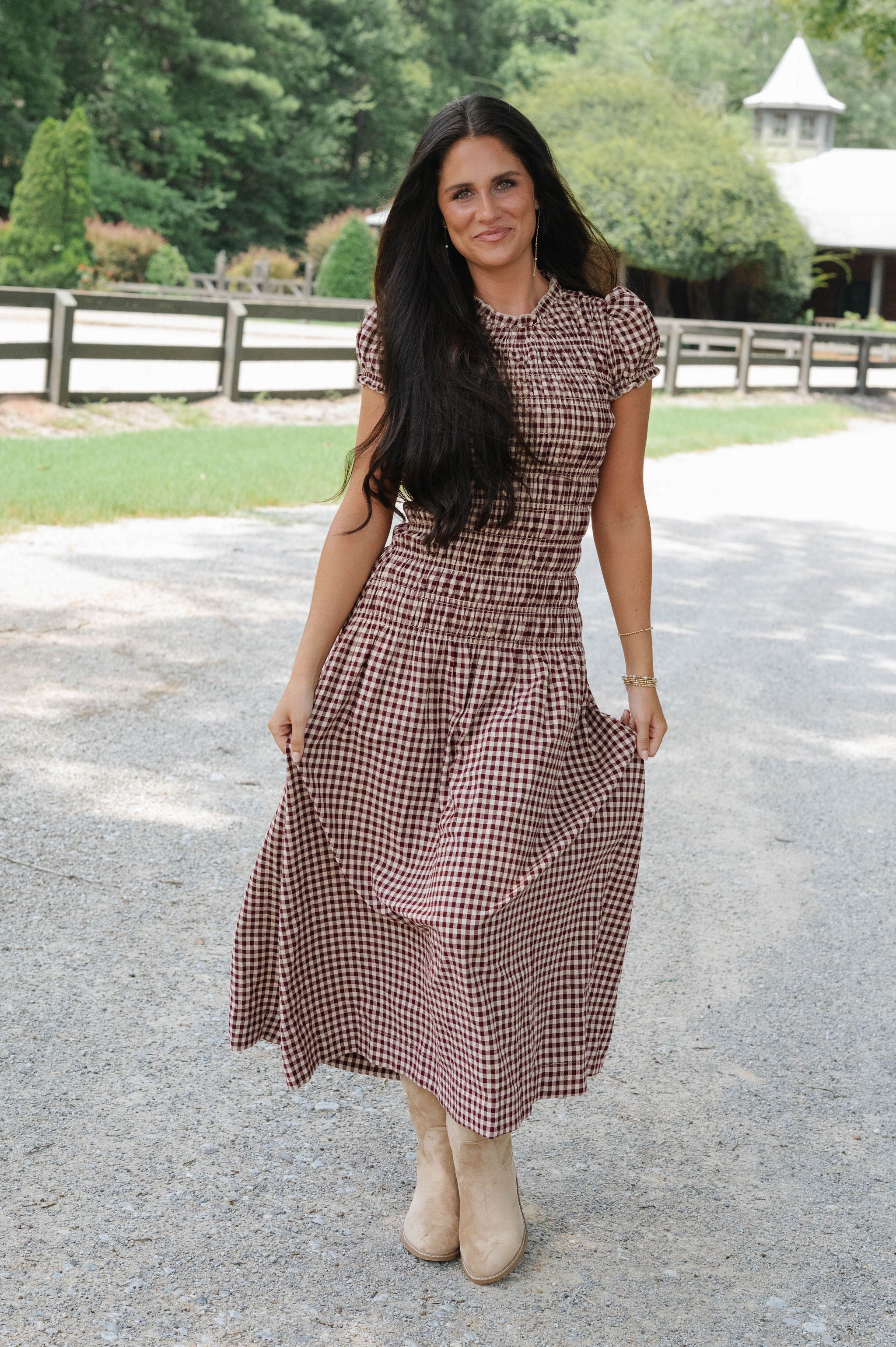Amelia Gingham Midi Dress-Burgundy/Taupe