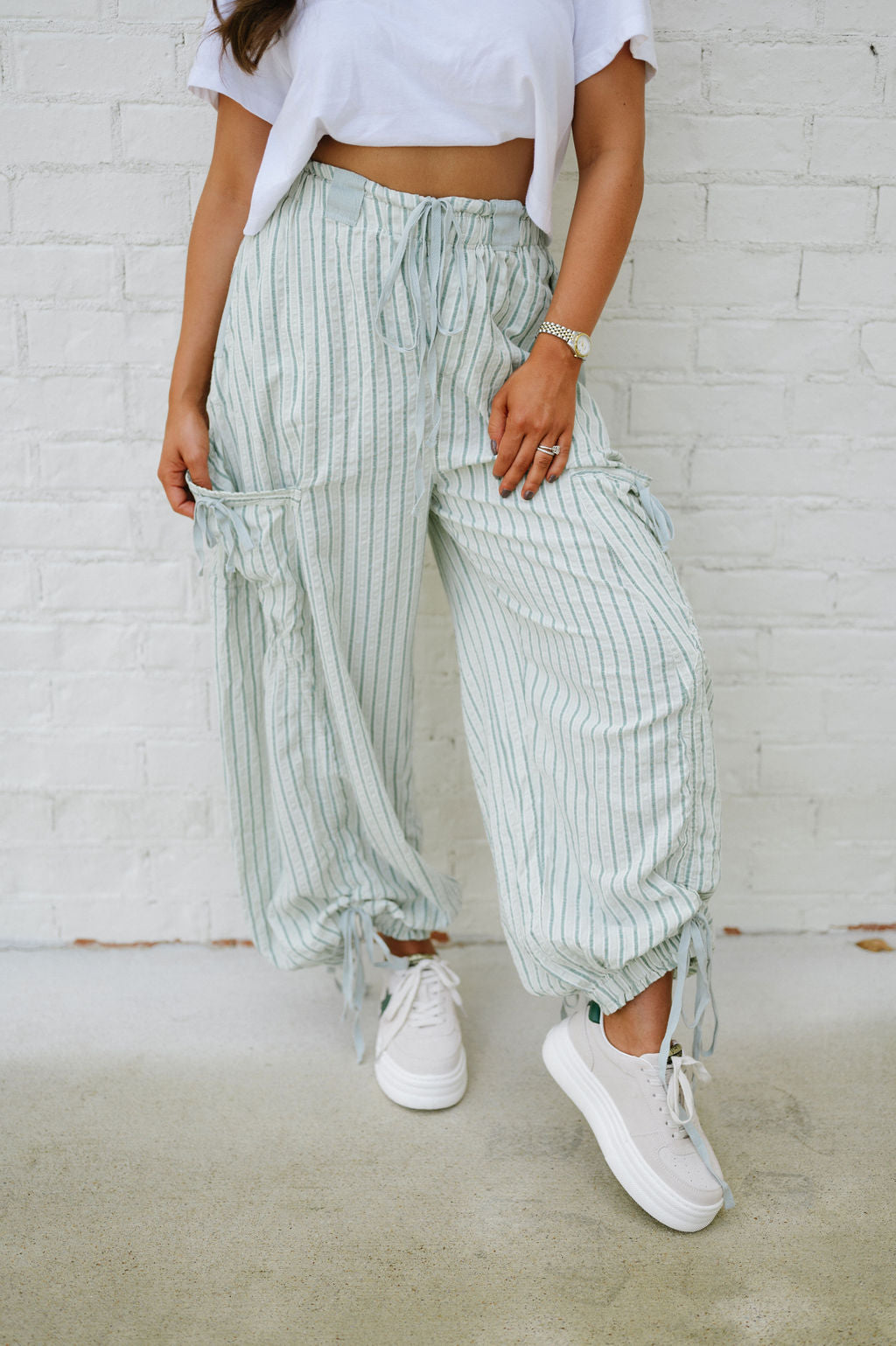 Striped Balloon Pants-Mint