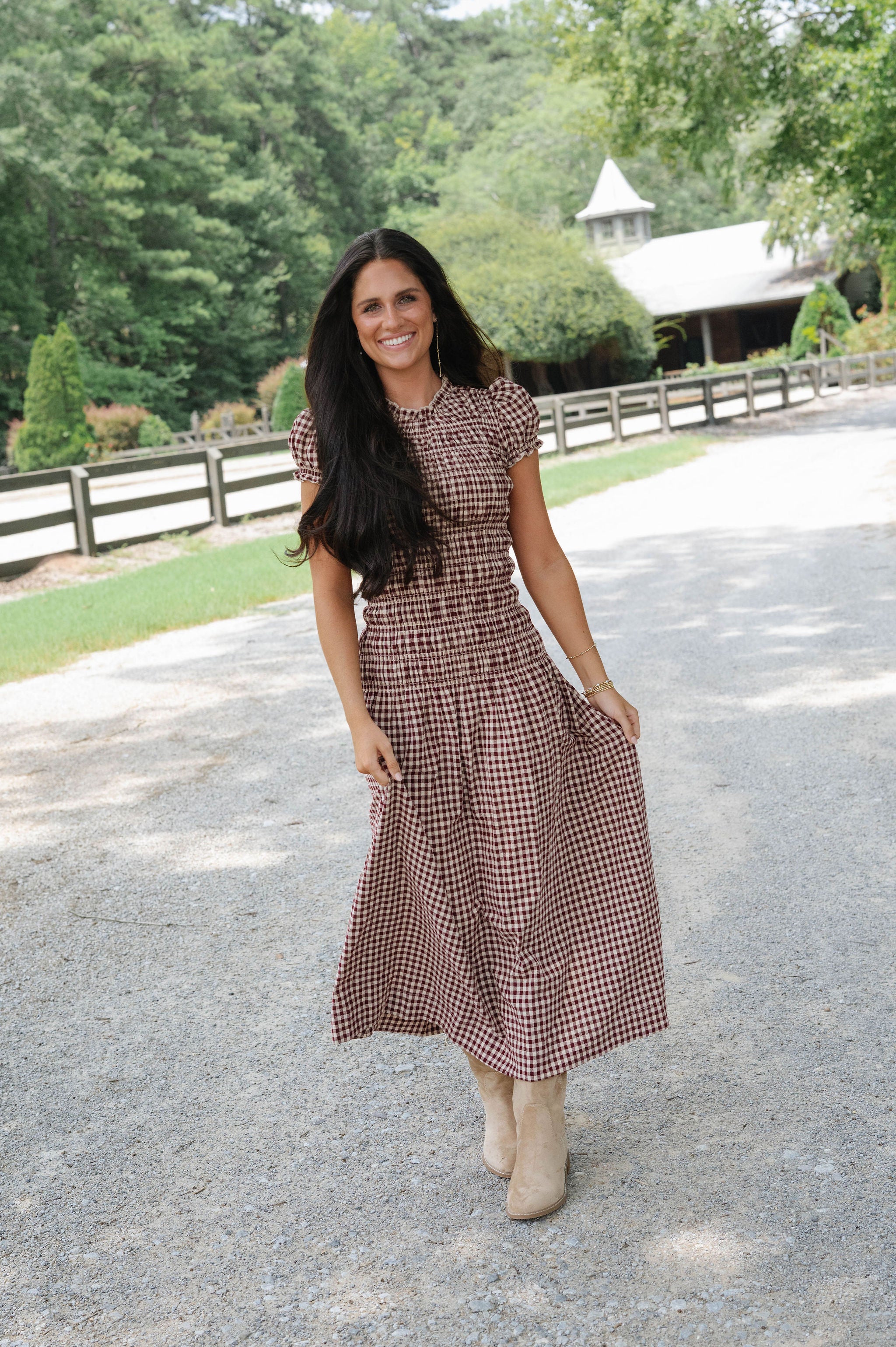 Amelia Gingham Midi Dress-Burgundy/Taupe