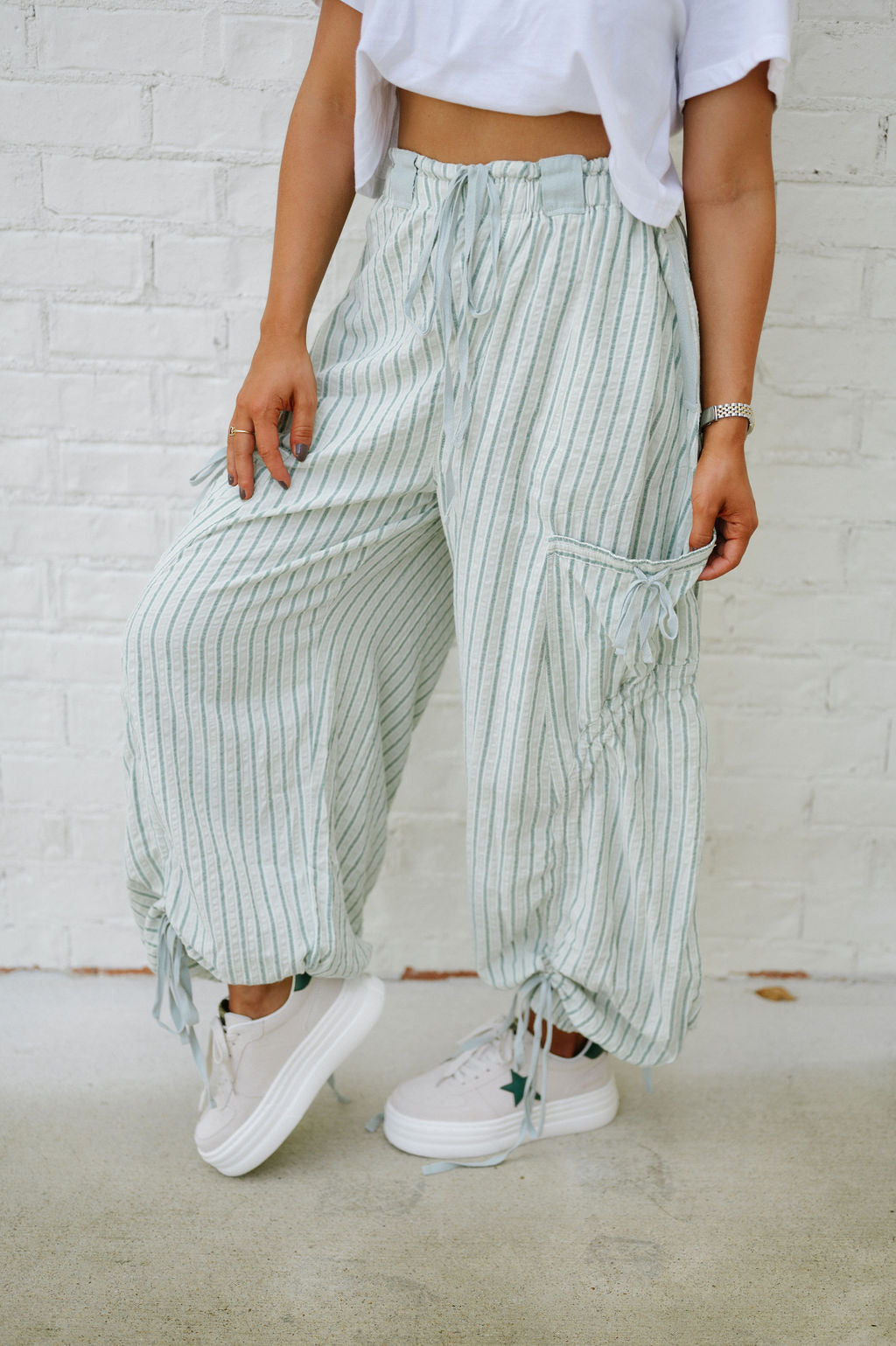 Striped Balloon Pants-Mint