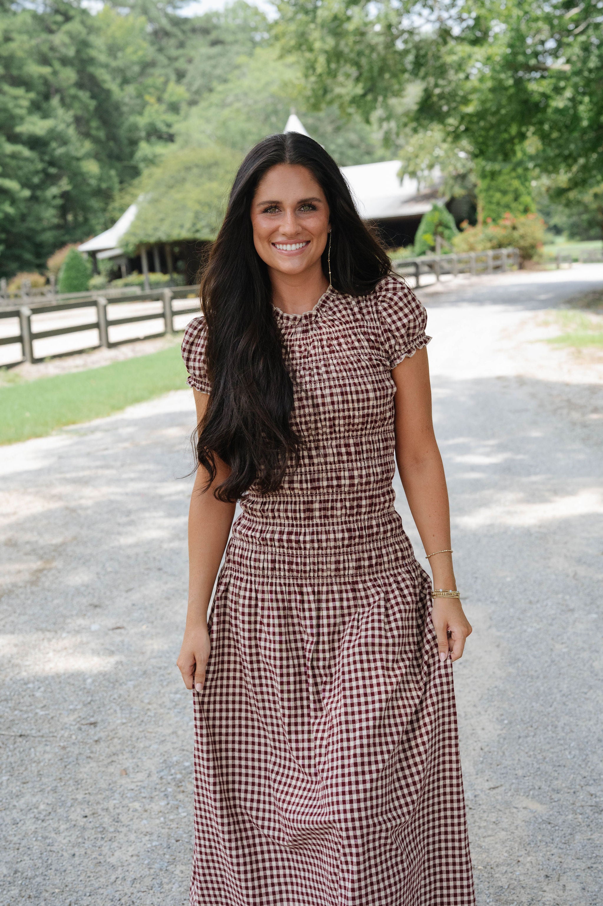 Amelia Gingham Midi Dress-Burgundy/Taupe