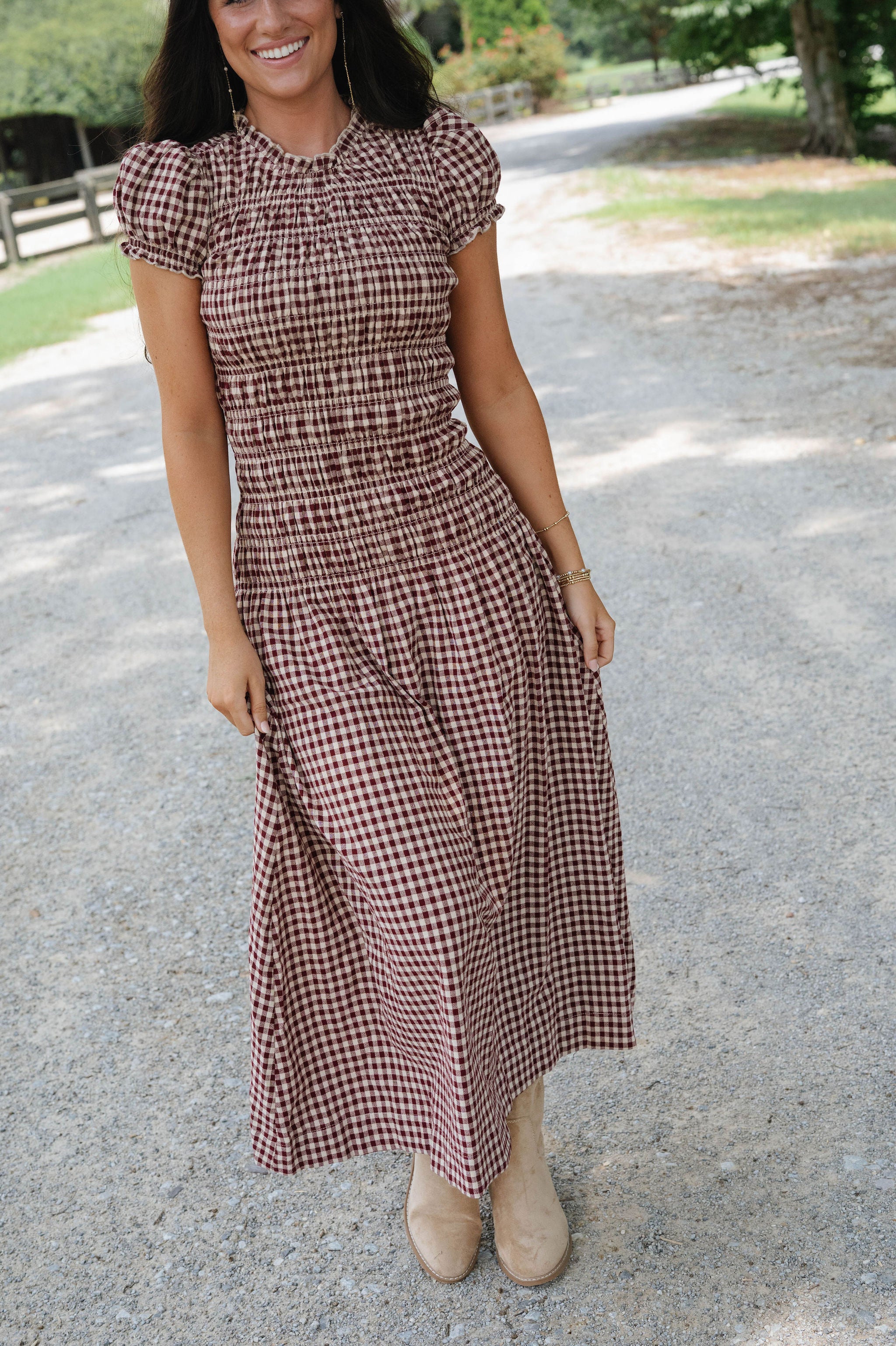 Amelia Gingham Midi Dress-Burgundy/Taupe