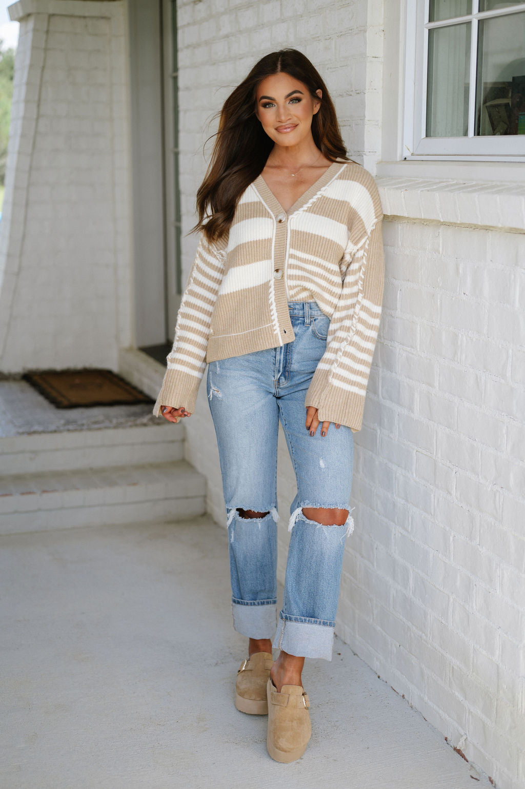 Striped Ribbed Cardigan-Camel