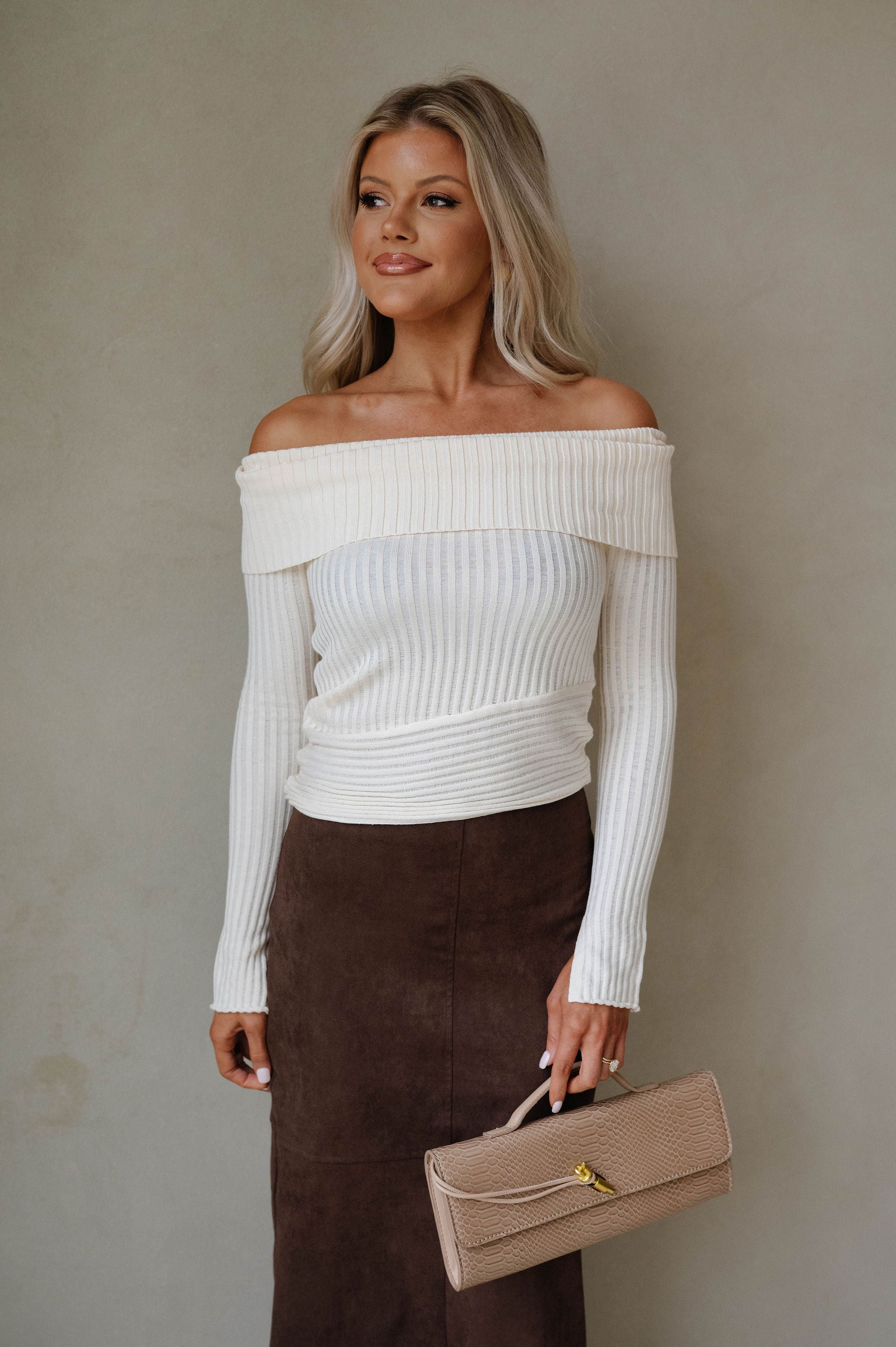 Ribbed Knit OTS Foldover Sweater-Cream