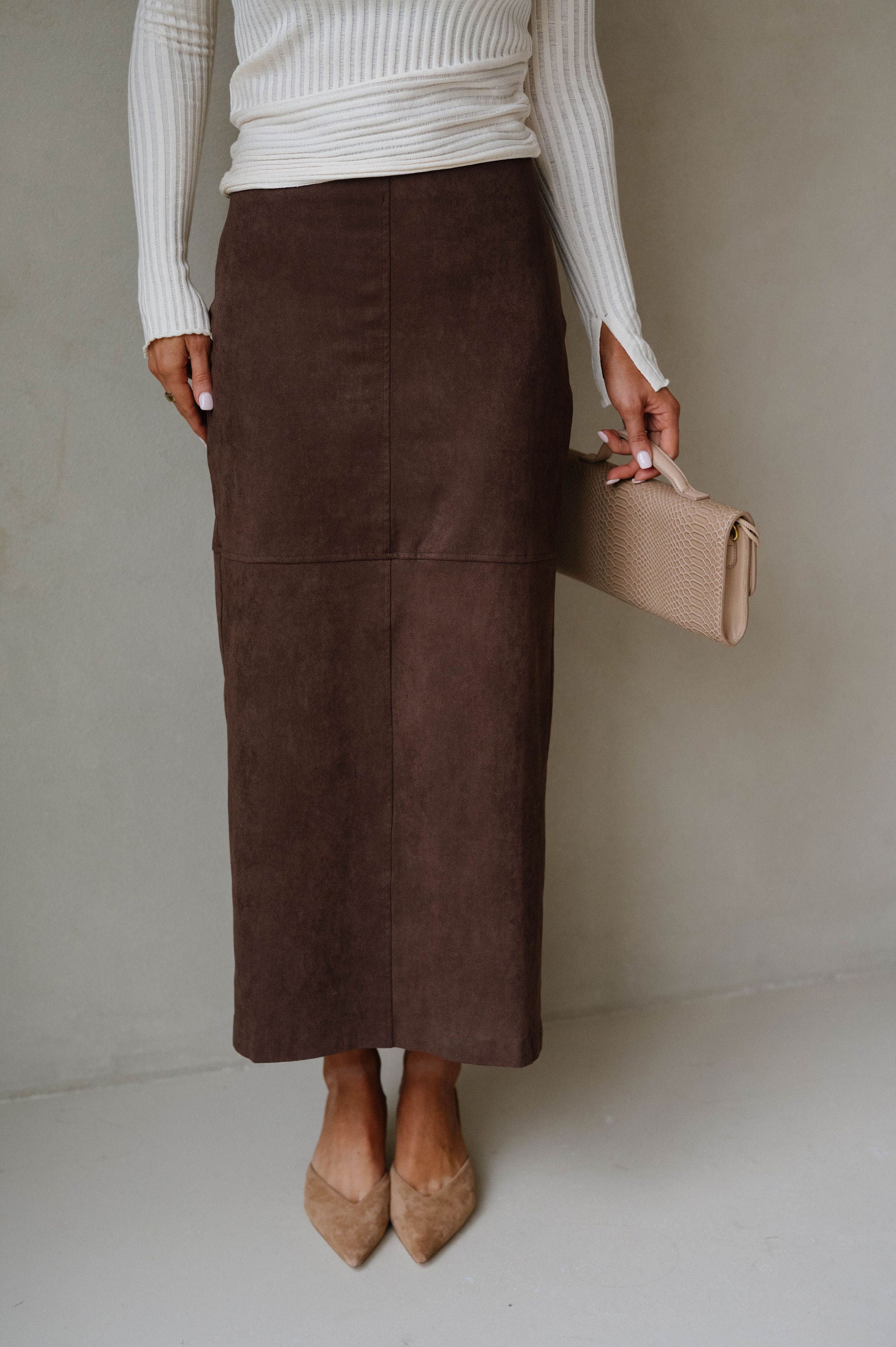Back Slit Suede Skirt-Espresso