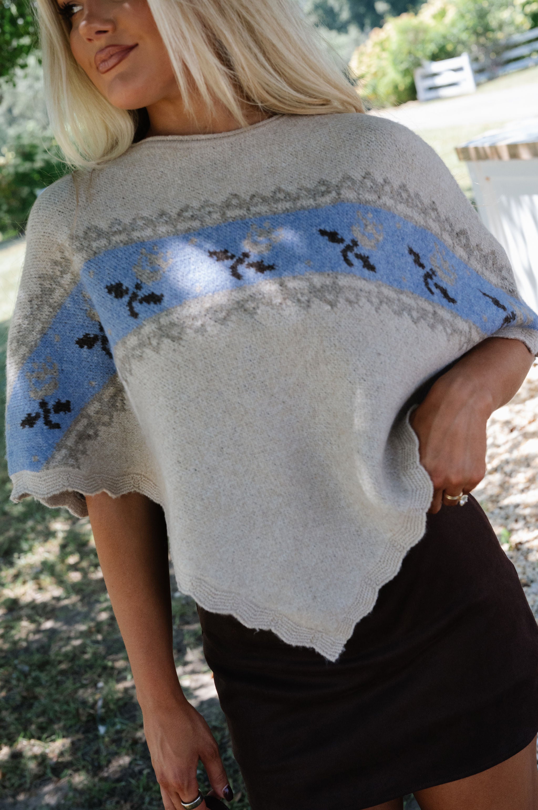 Wavy Hem Poncho Sweater-Beige