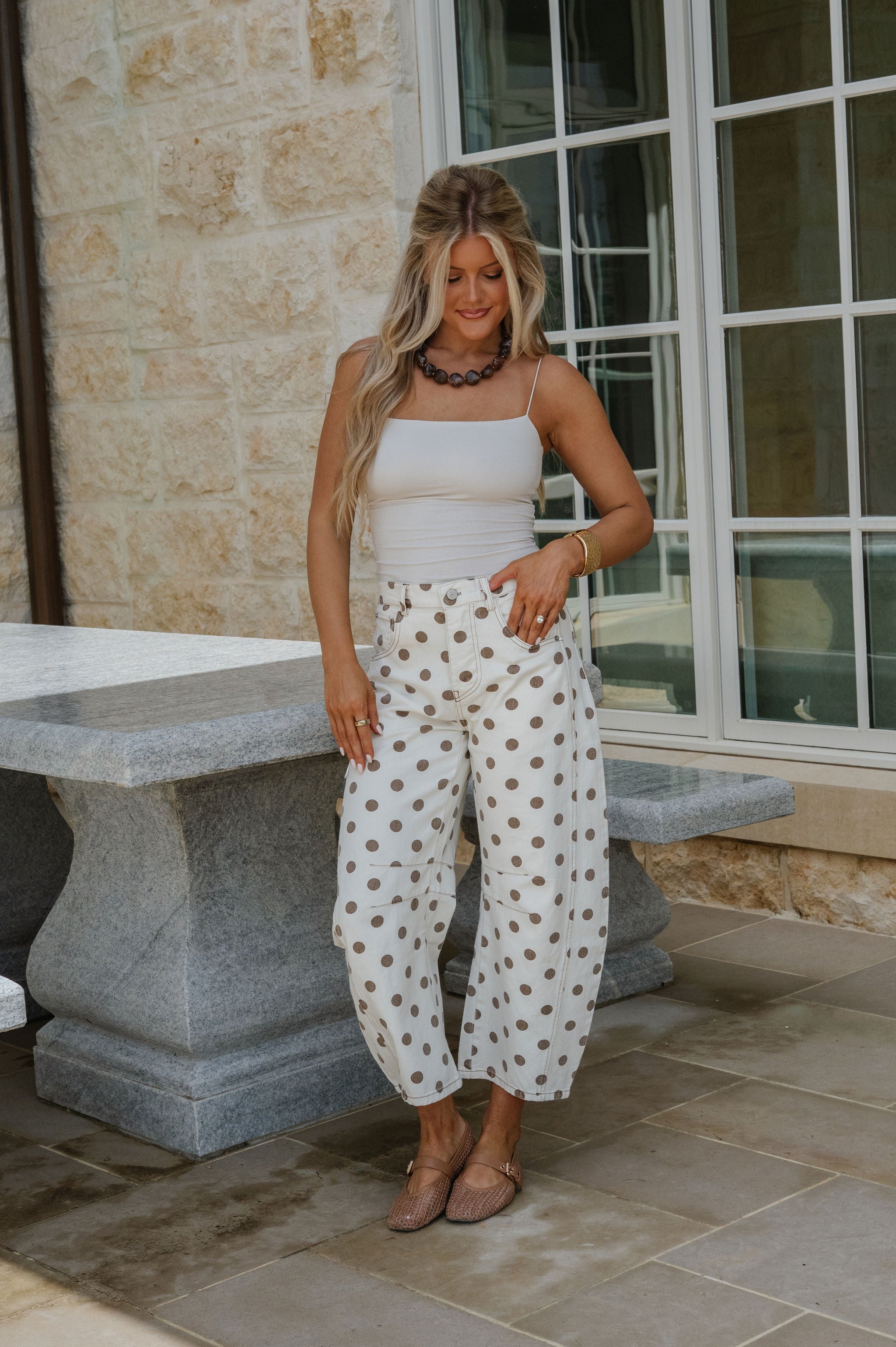 Elle Polka Dot Barrel Jeans-Oatmeal
