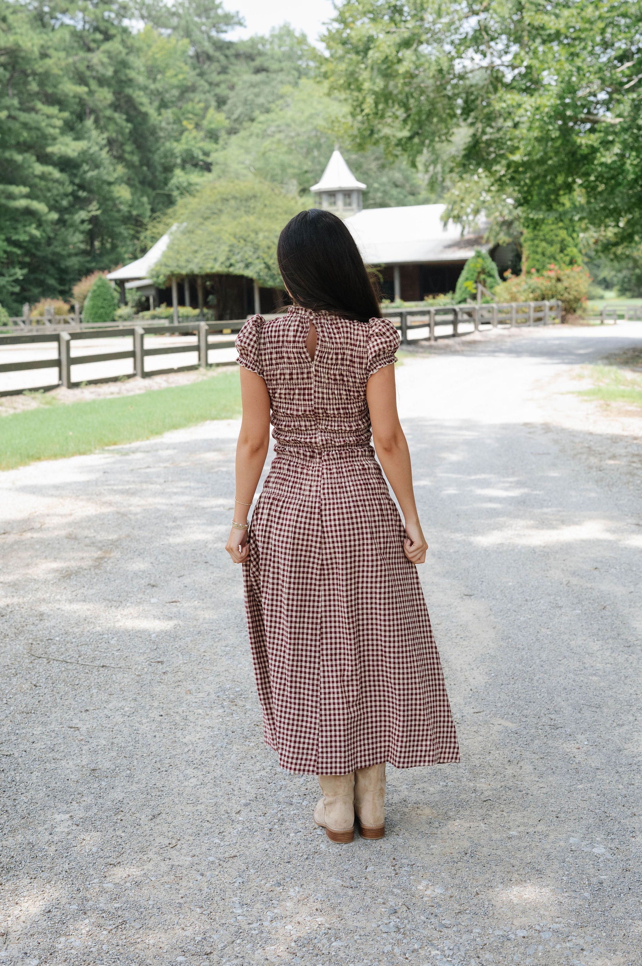 Amelia Gingham Midi Dress-Burgundy/Taupe