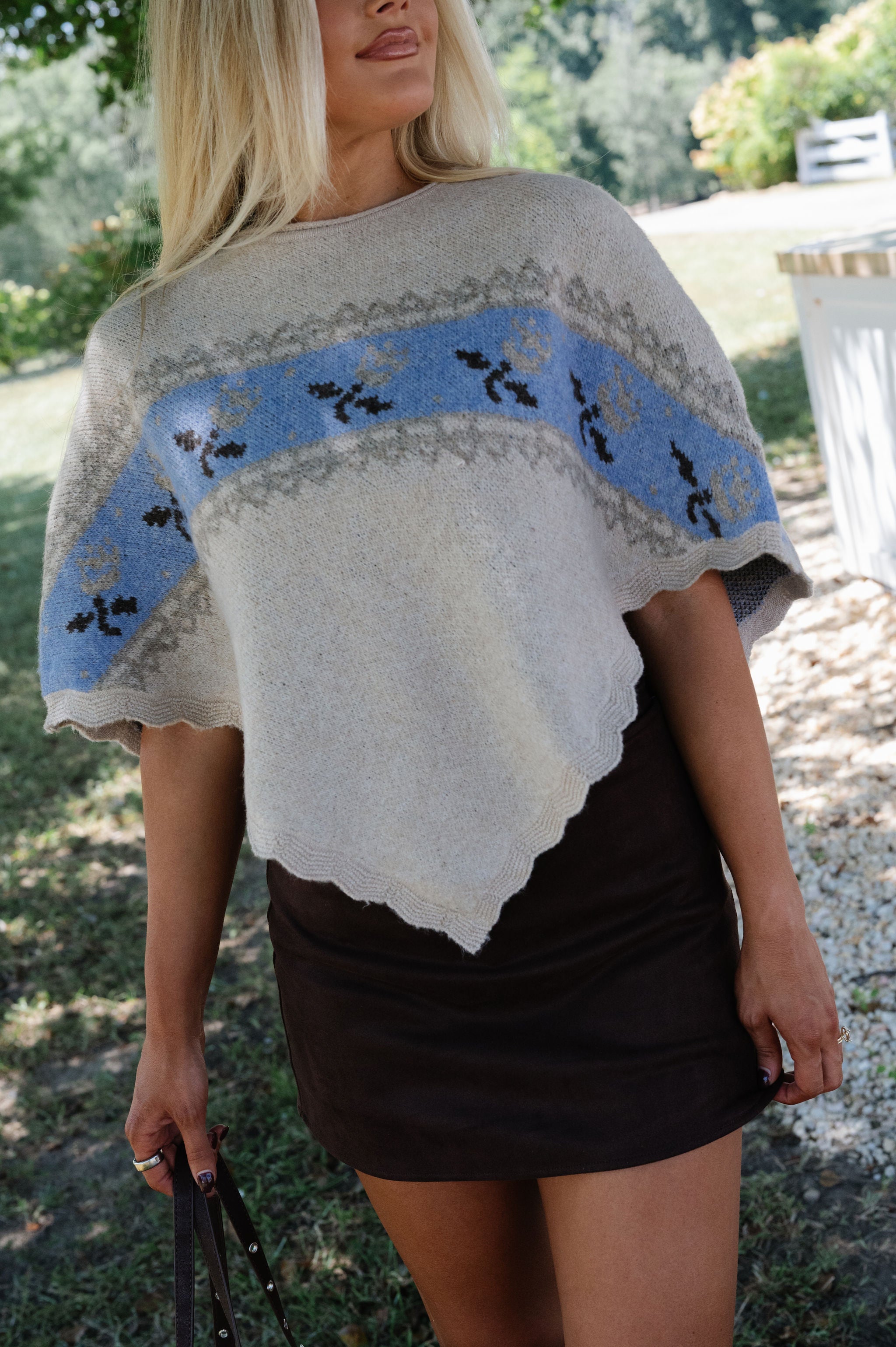 Wavy Hem Poncho Sweater-Beige
