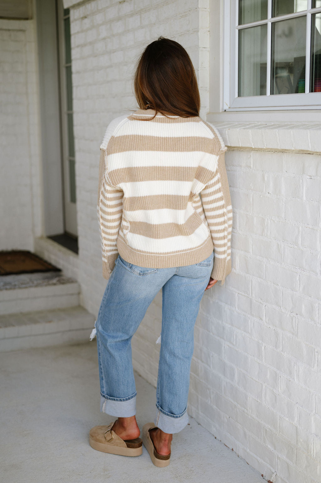 Striped Ribbed Cardigan-Camel