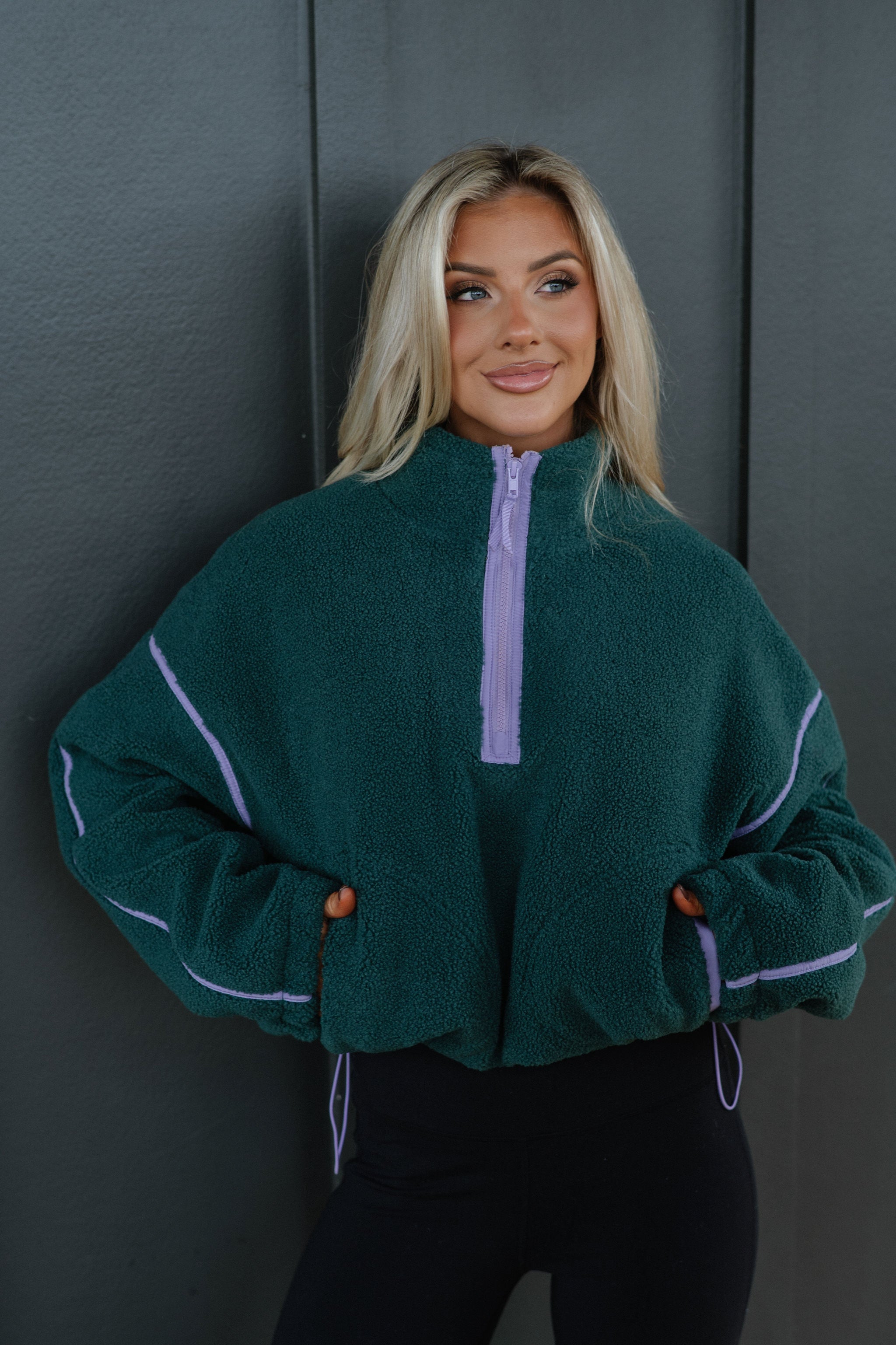 Contrast Sherpa Pullover-Evergreen