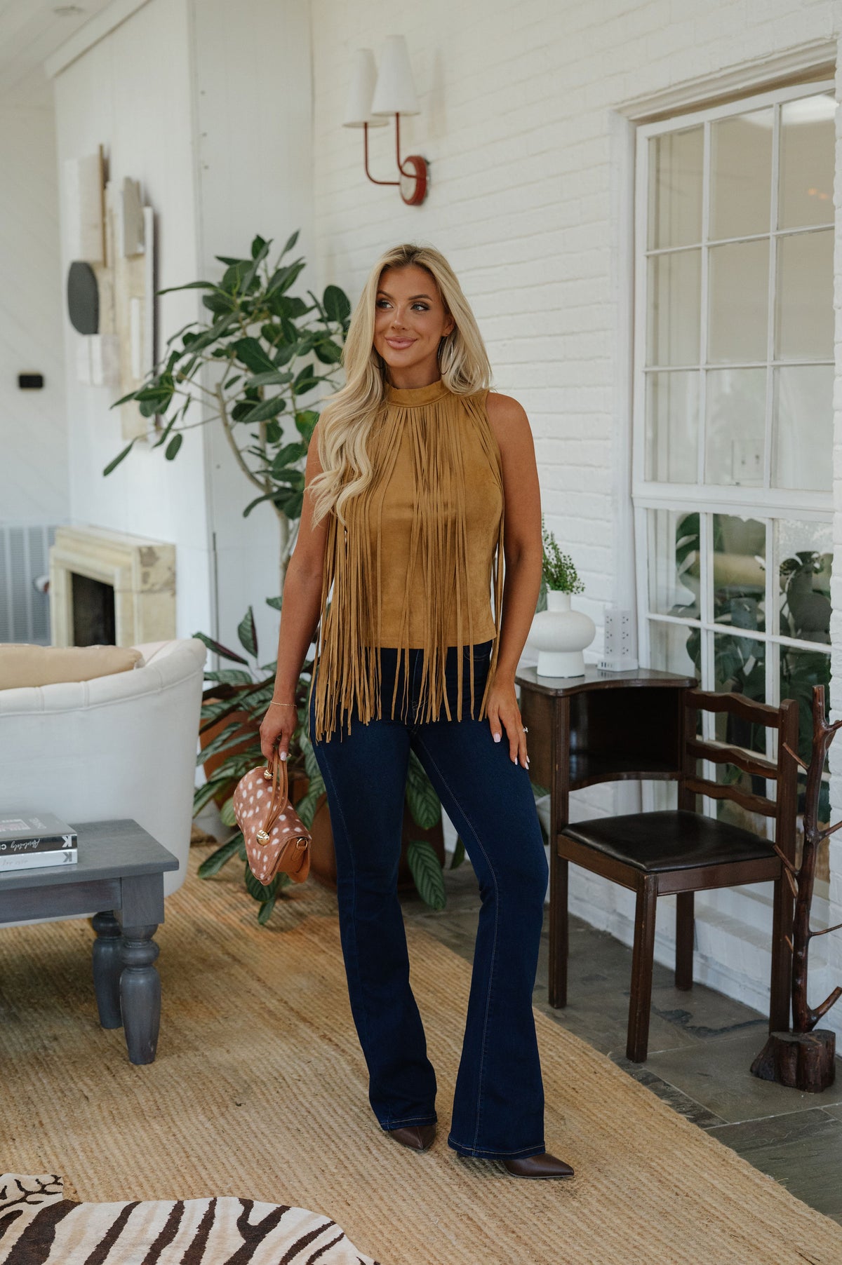Daley Fringe Suede Top-Camel