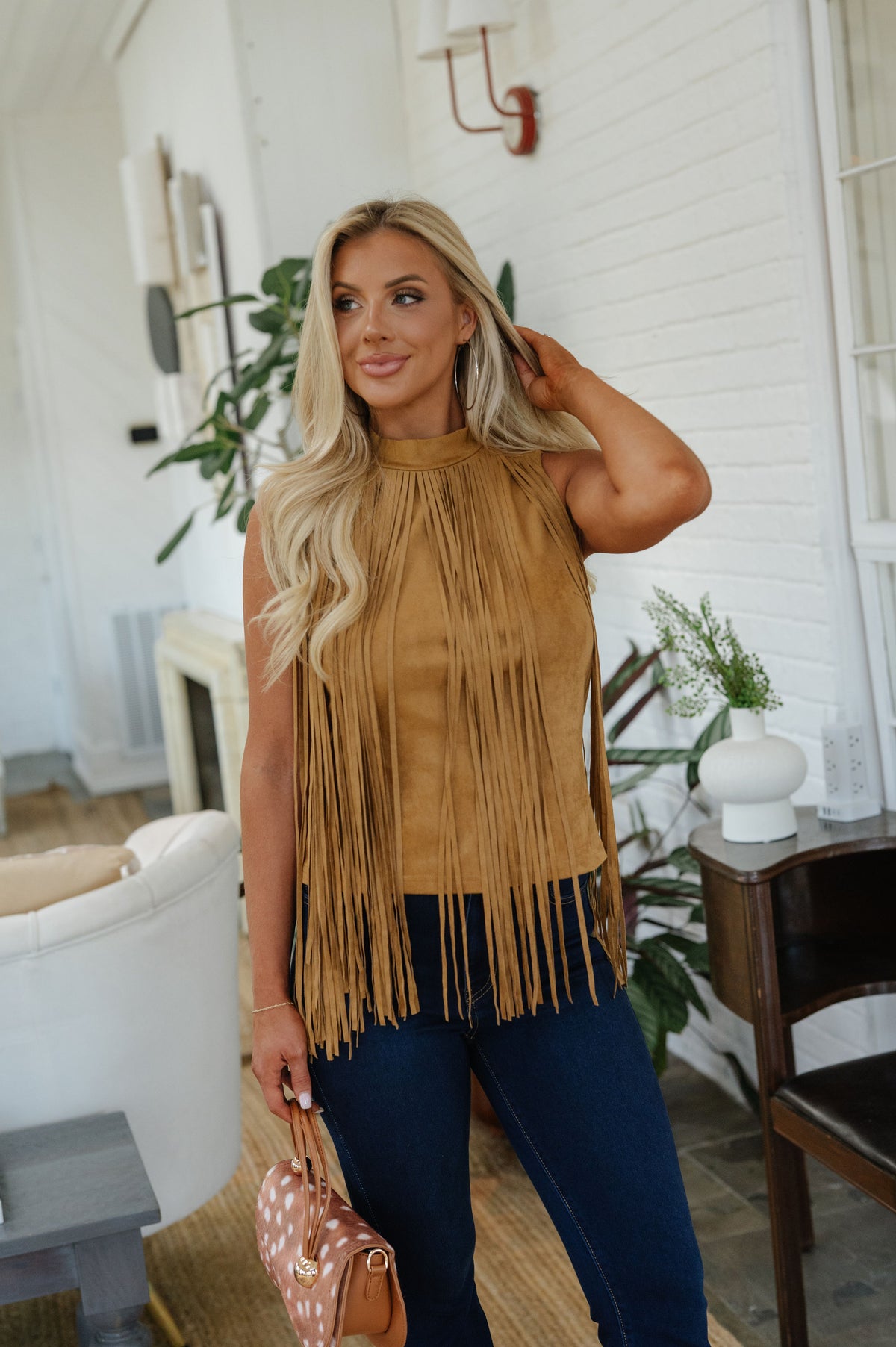 Daley Fringe Suede Top-Camel