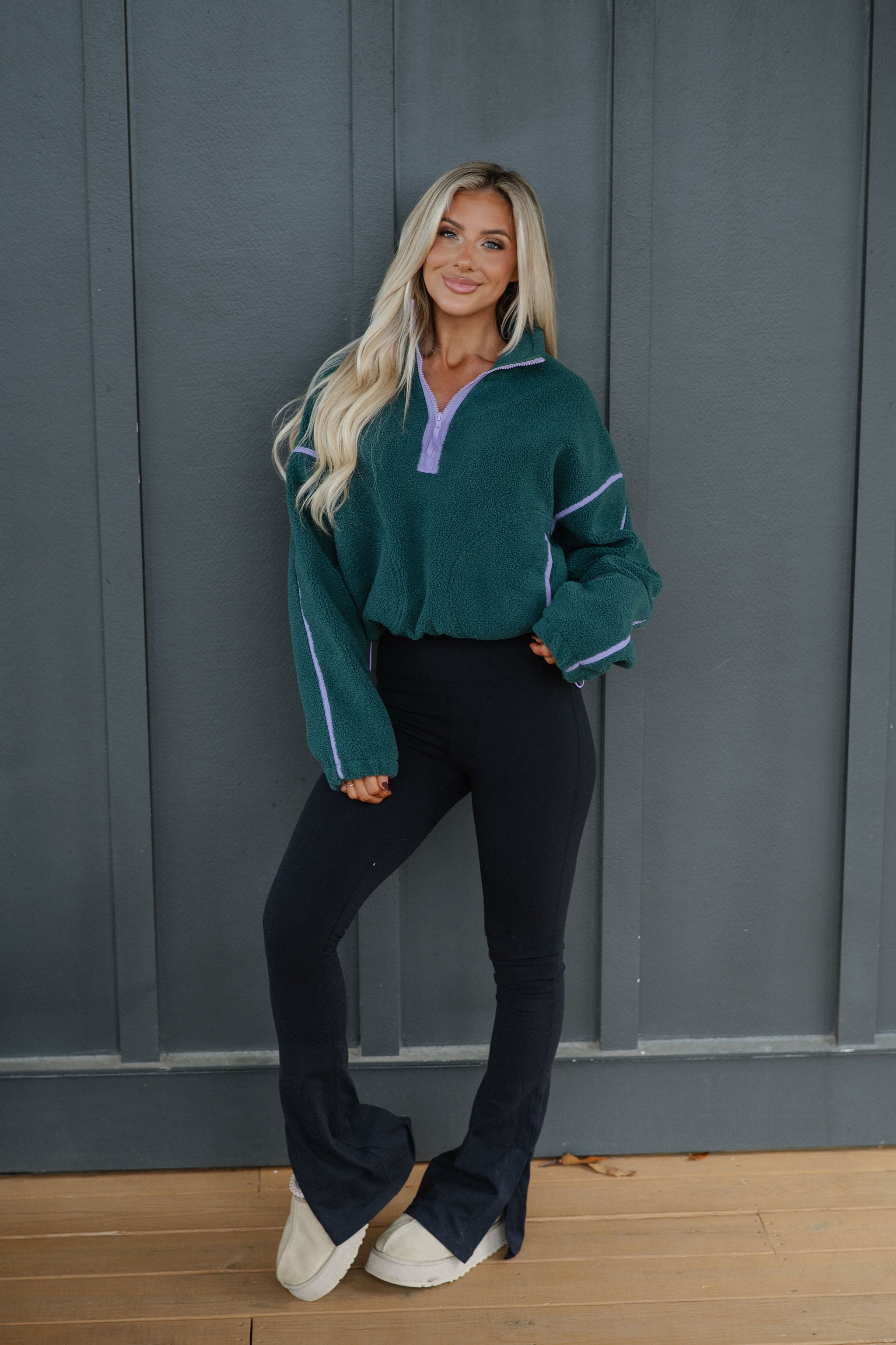 Contrast Sherpa Pullover-Evergreen