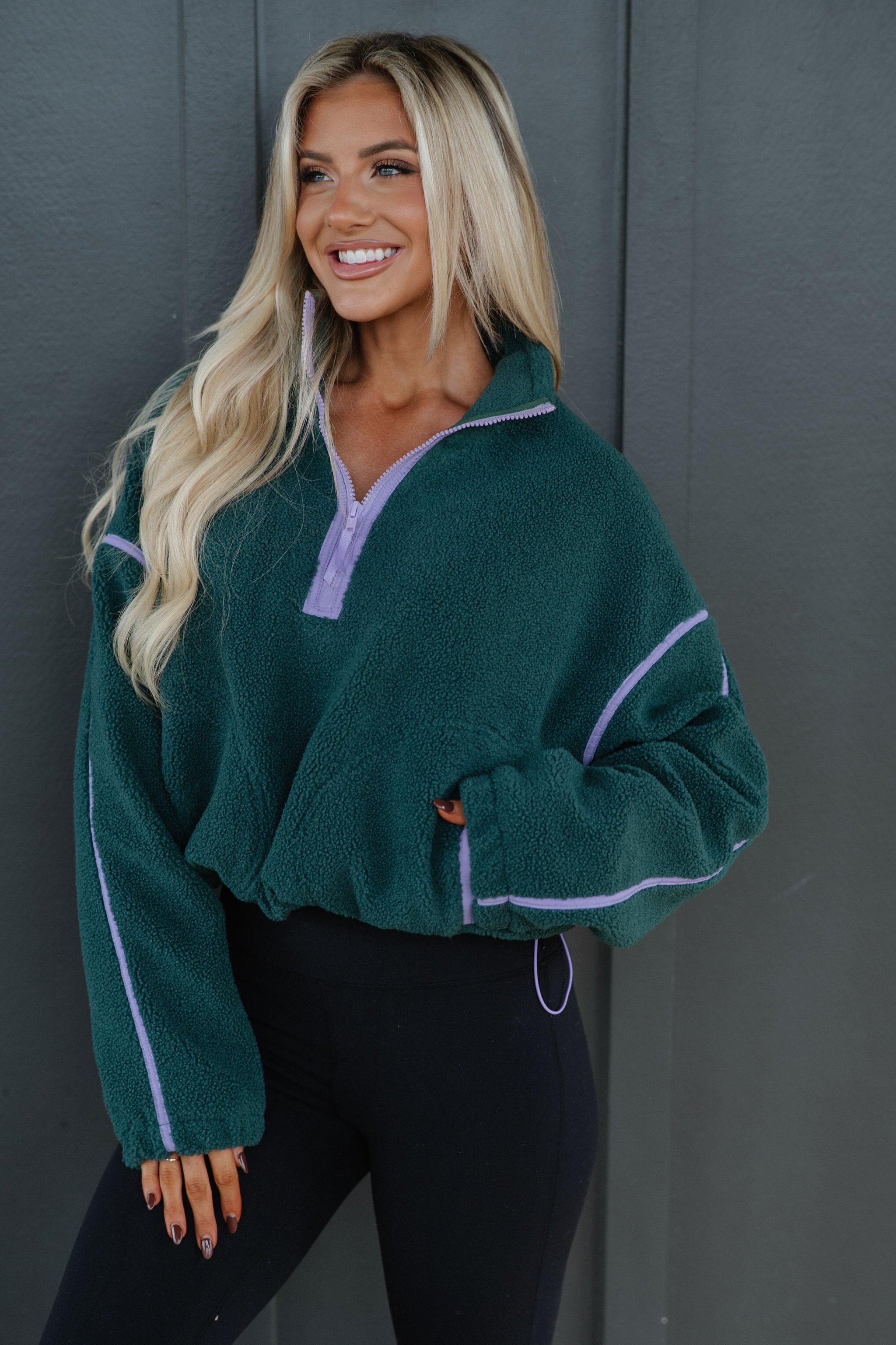 Contrast Sherpa Pullover-Evergreen