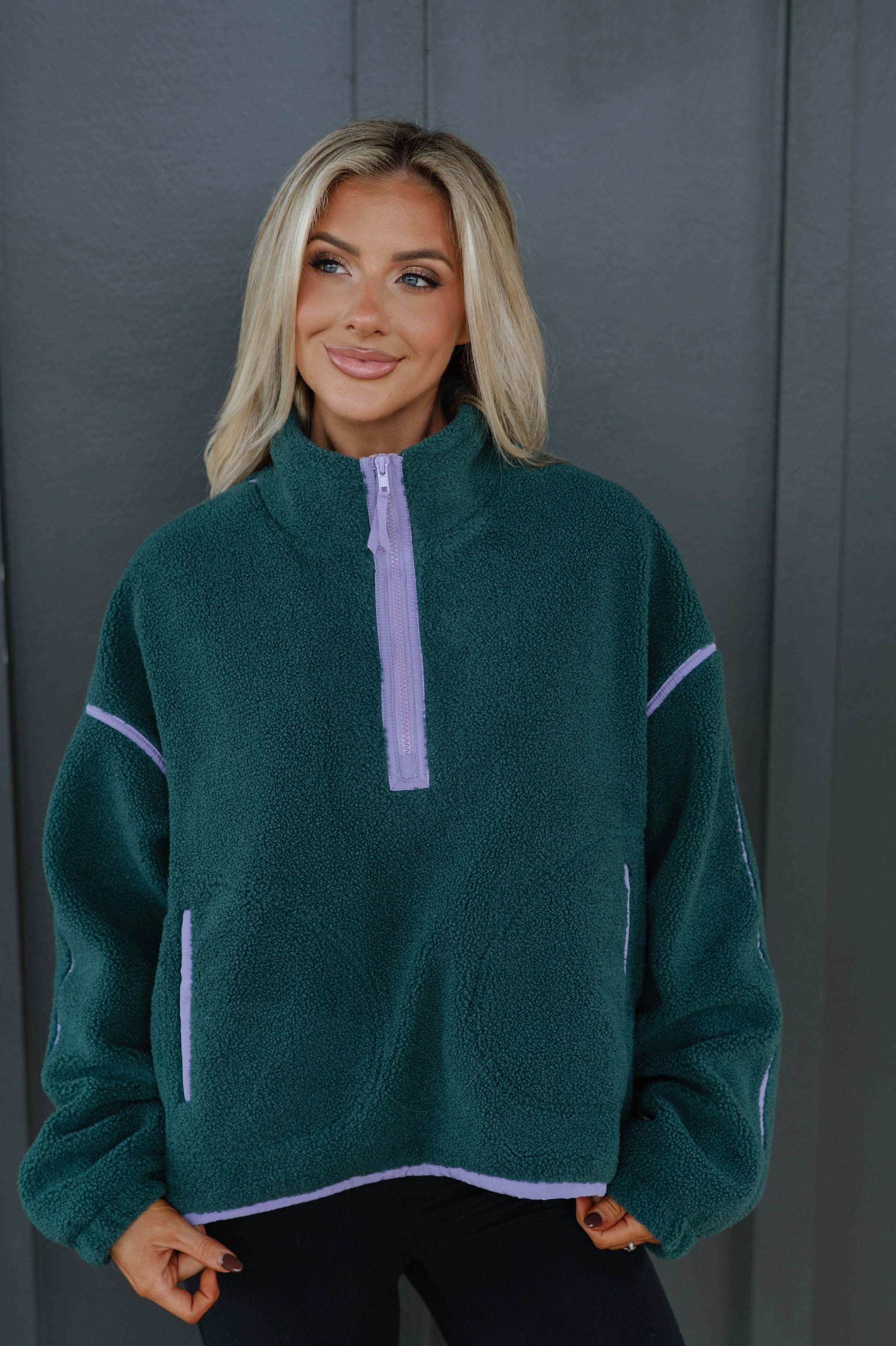 Contrast Sherpa Pullover-Evergreen