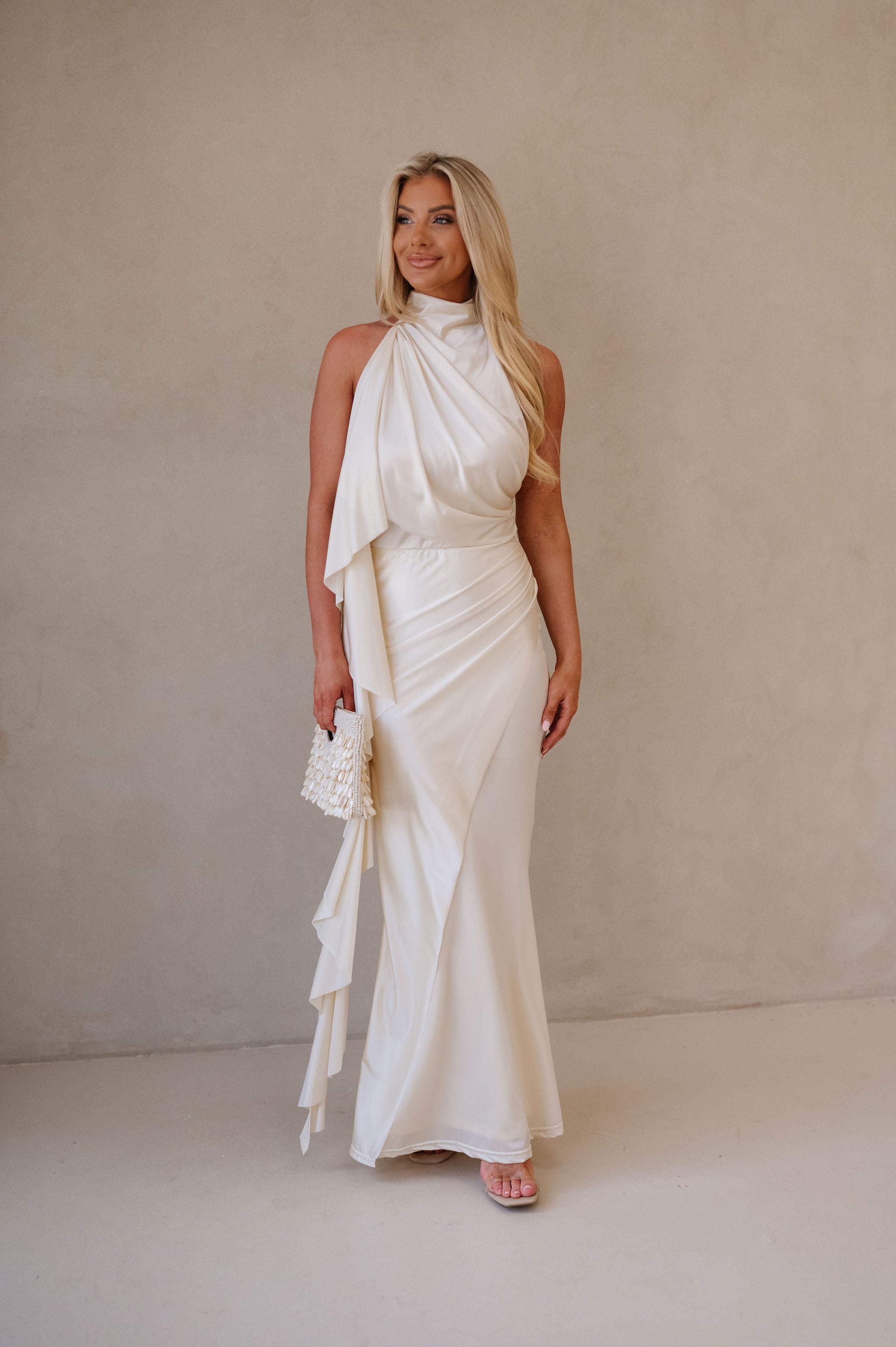 Halter Neck Satin Jersey Maxi Dress-Ivory