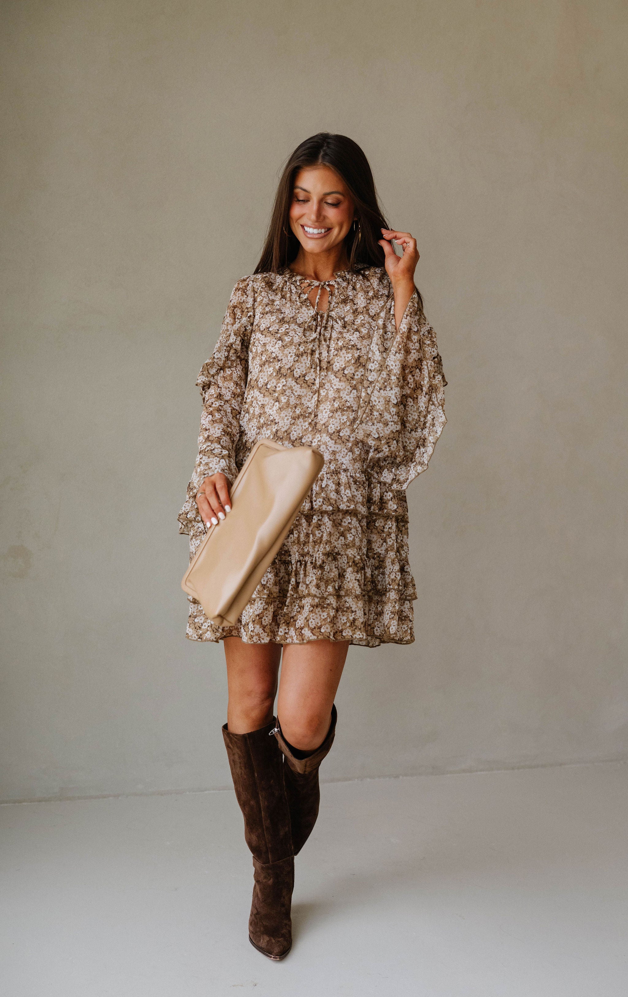 Floral Bell Sleeve Mini Dress-Olive/Taupe