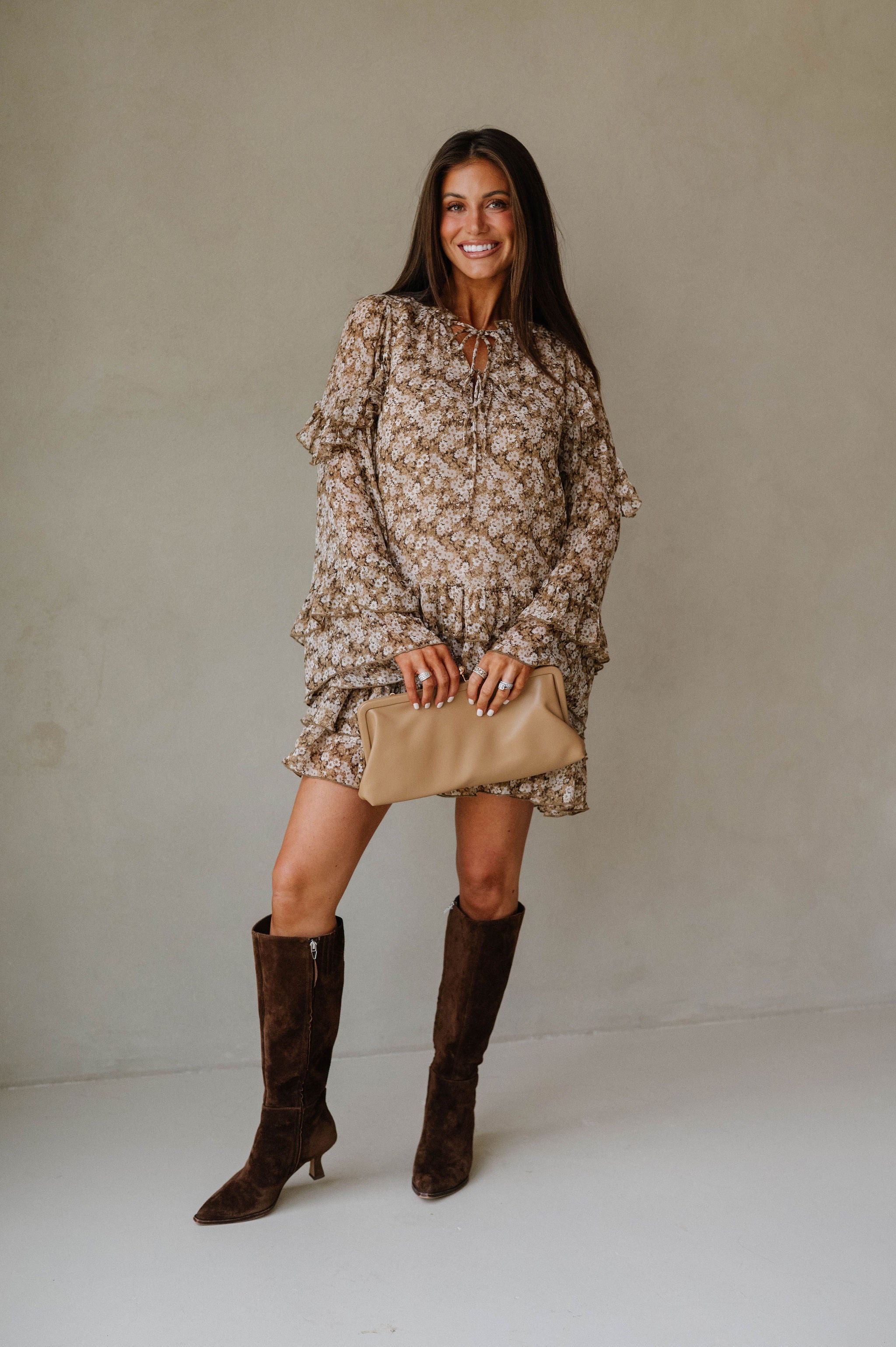 Floral Bell Sleeve Mini Dress-Olive/Taupe