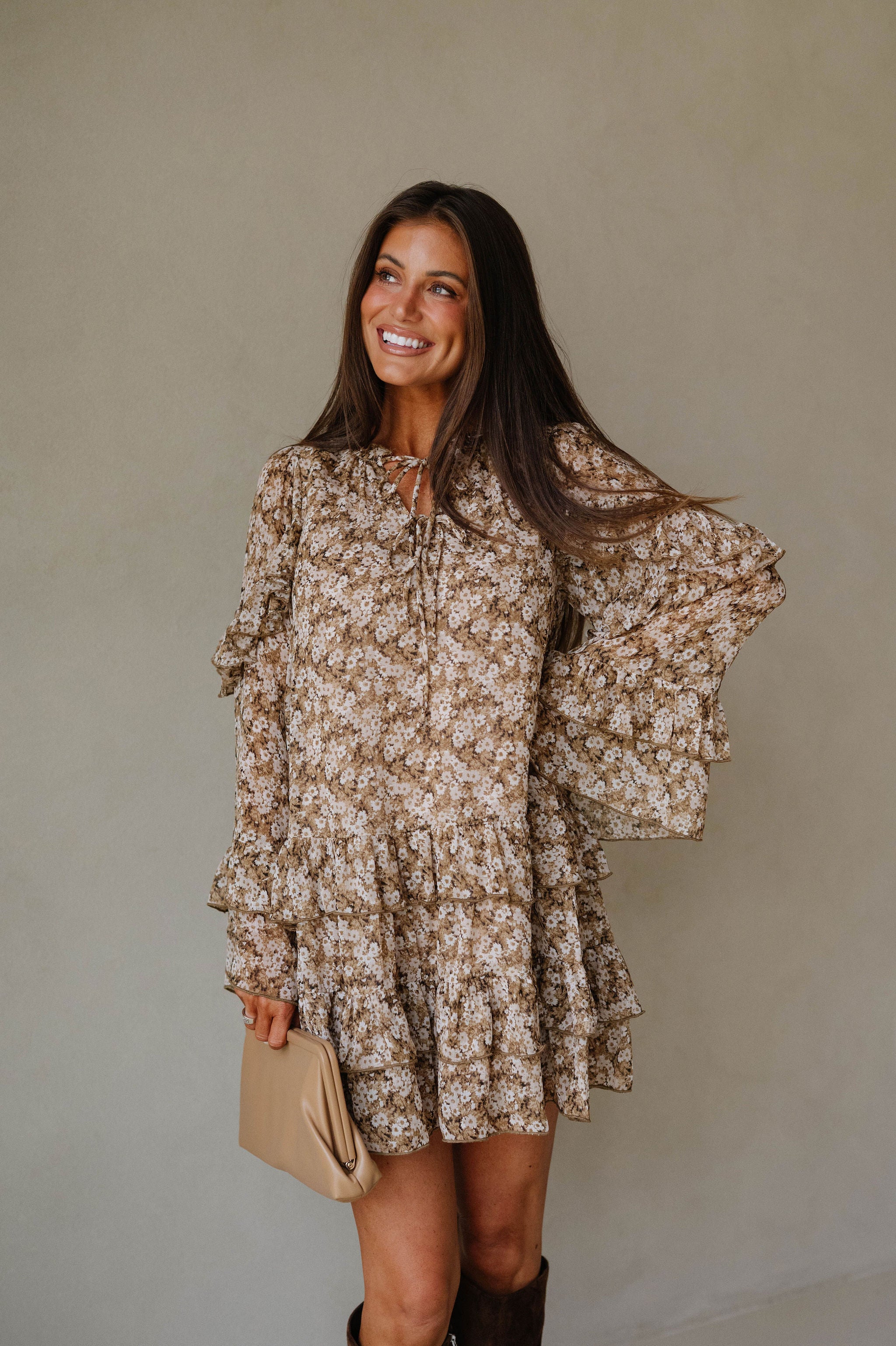 Floral Bell Sleeve Mini Dress-Olive/Taupe