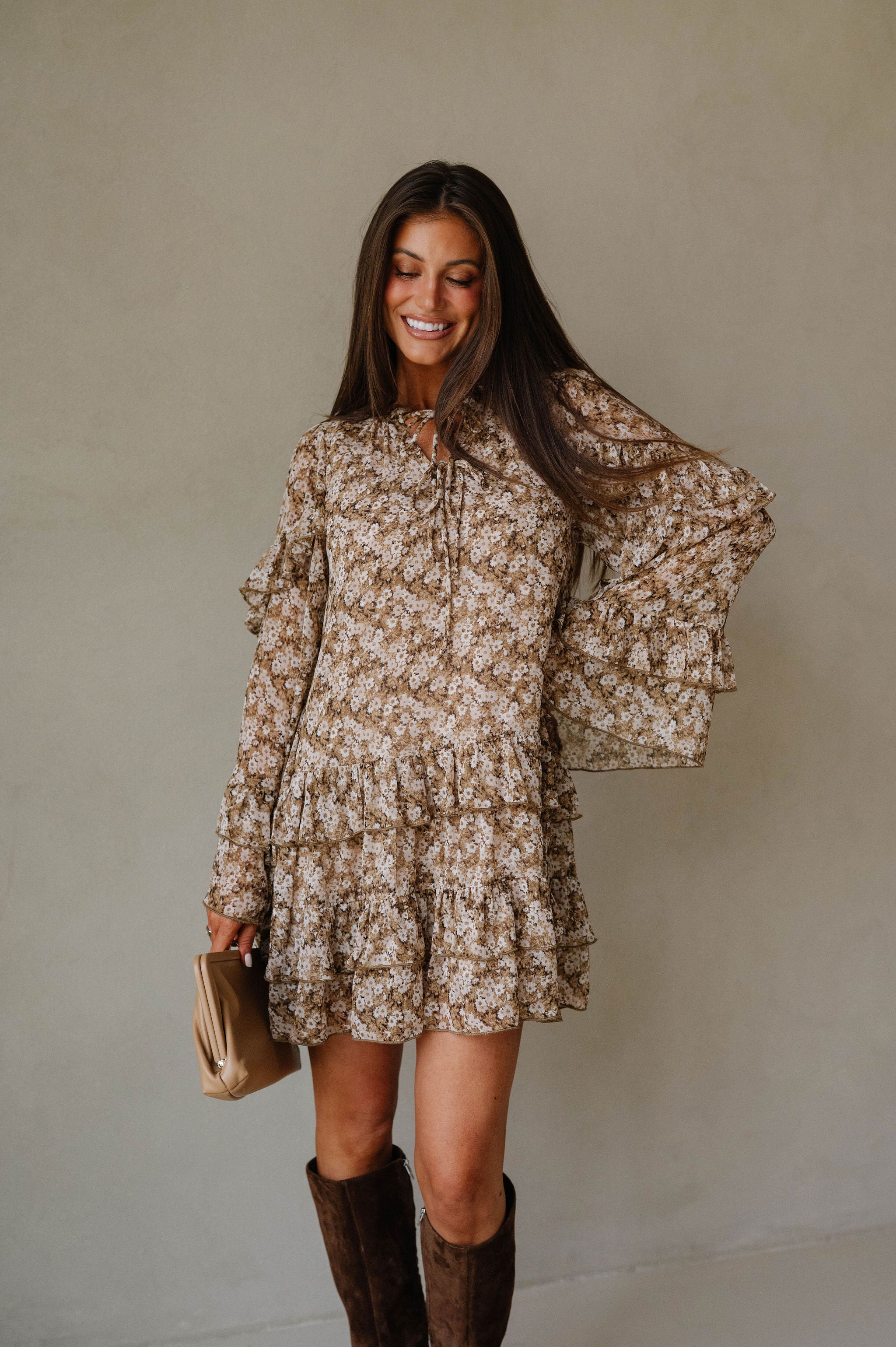 Floral Bell Sleeve Mini Dress-Olive/Taupe