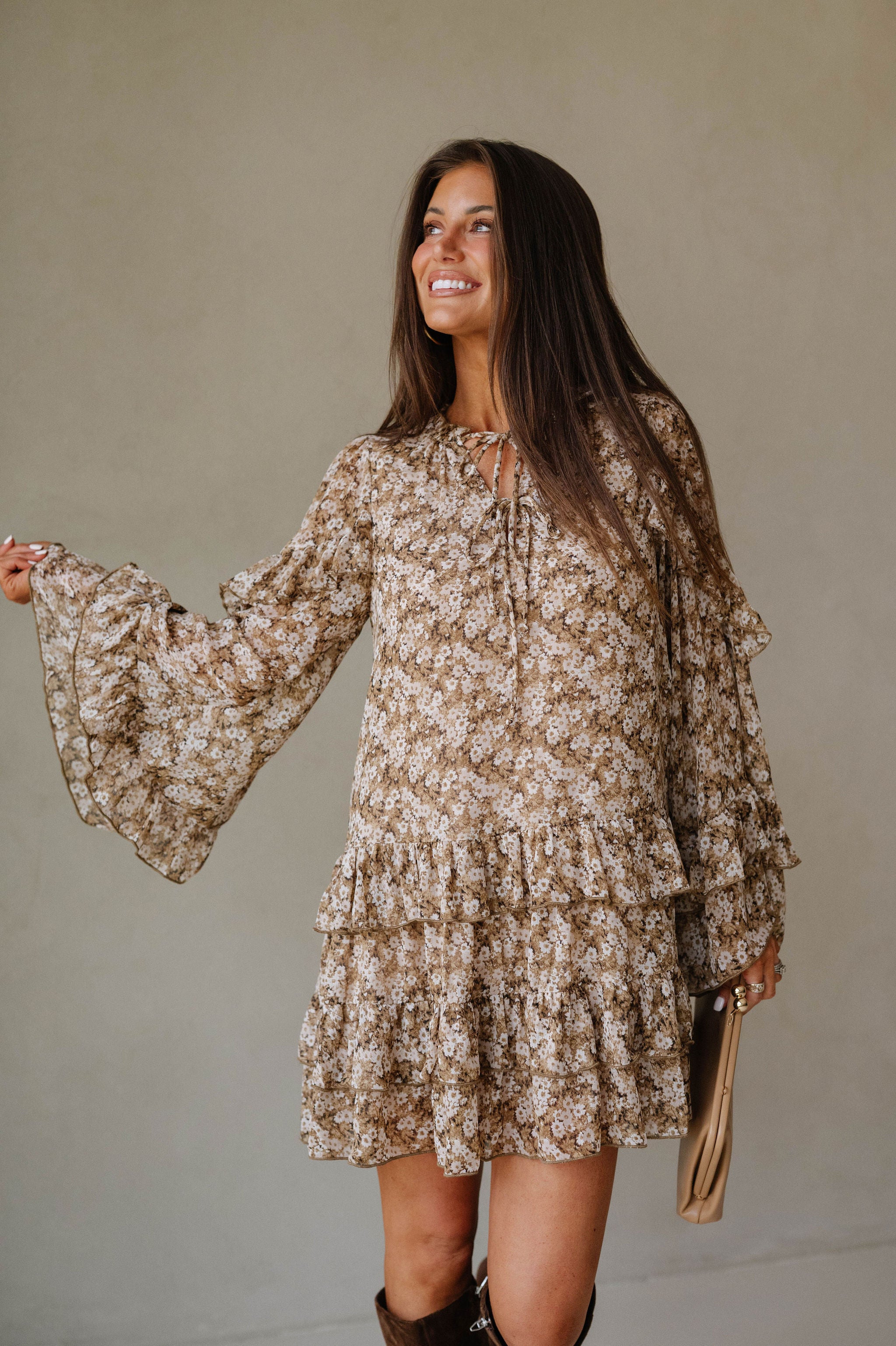 Floral Bell Sleeve Mini Dress-Olive/Taupe