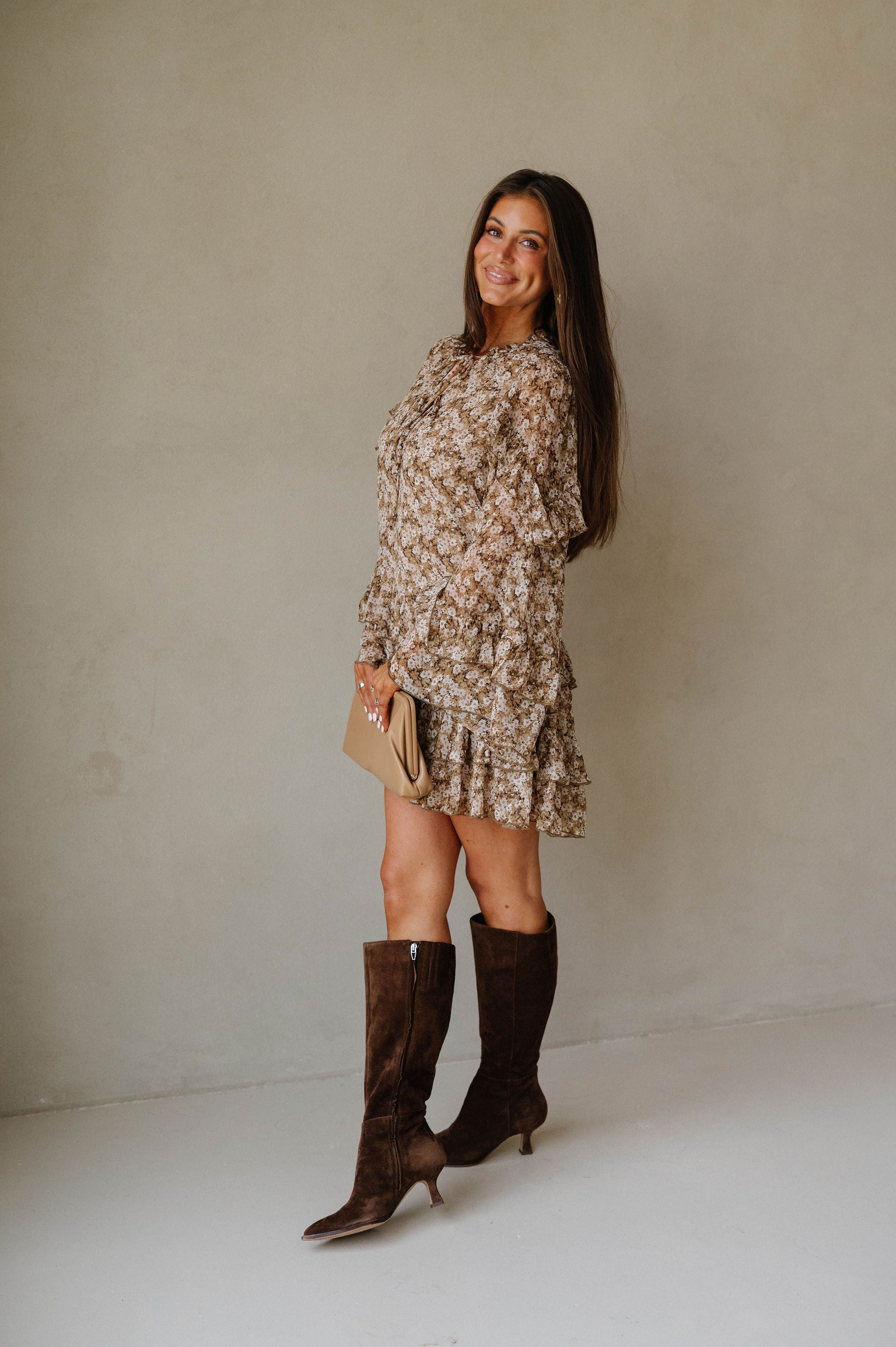 Floral Bell Sleeve Mini Dress-Olive/Taupe