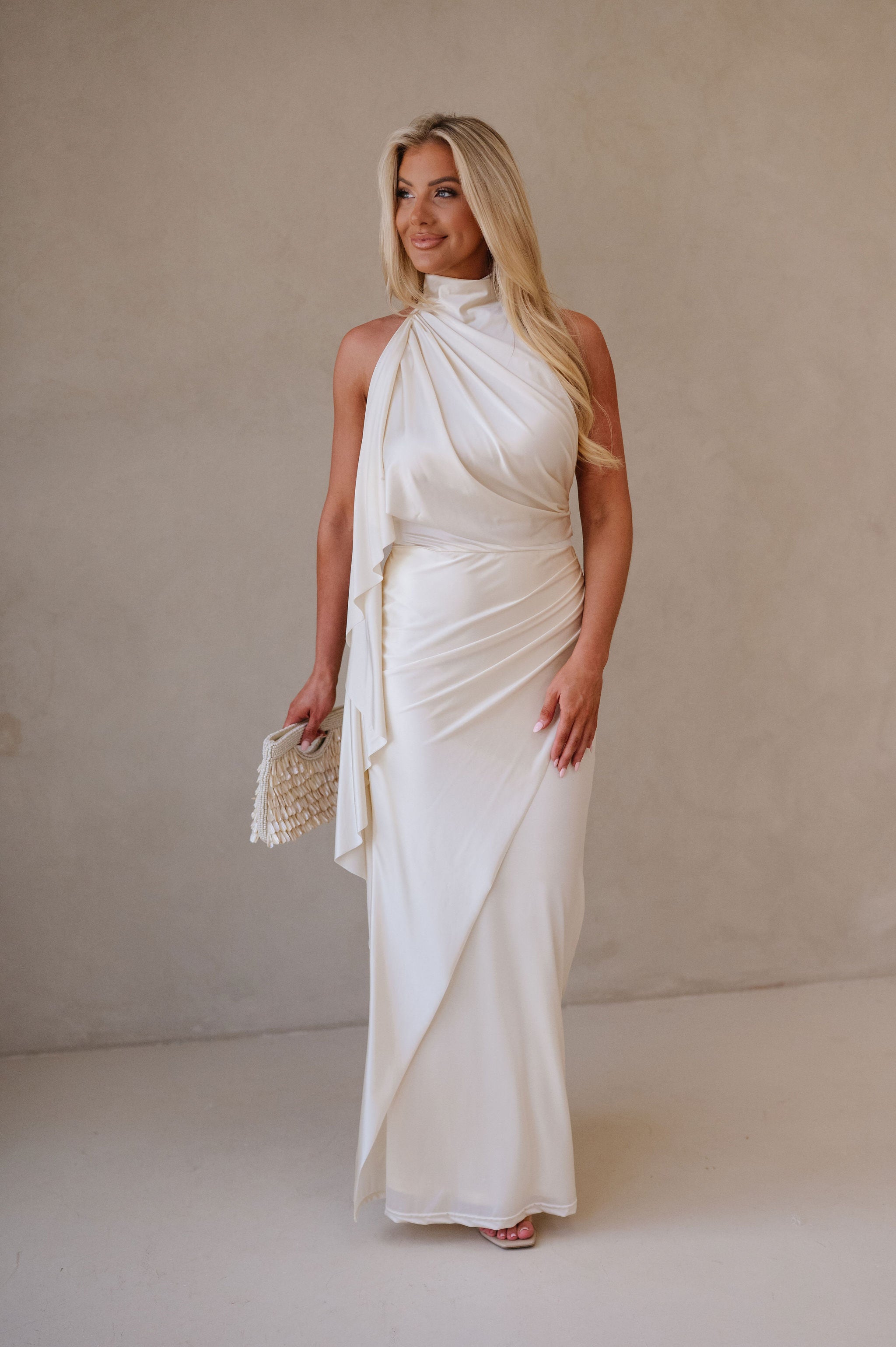 Halter Neck Satin Jersey Maxi Dress-Ivory