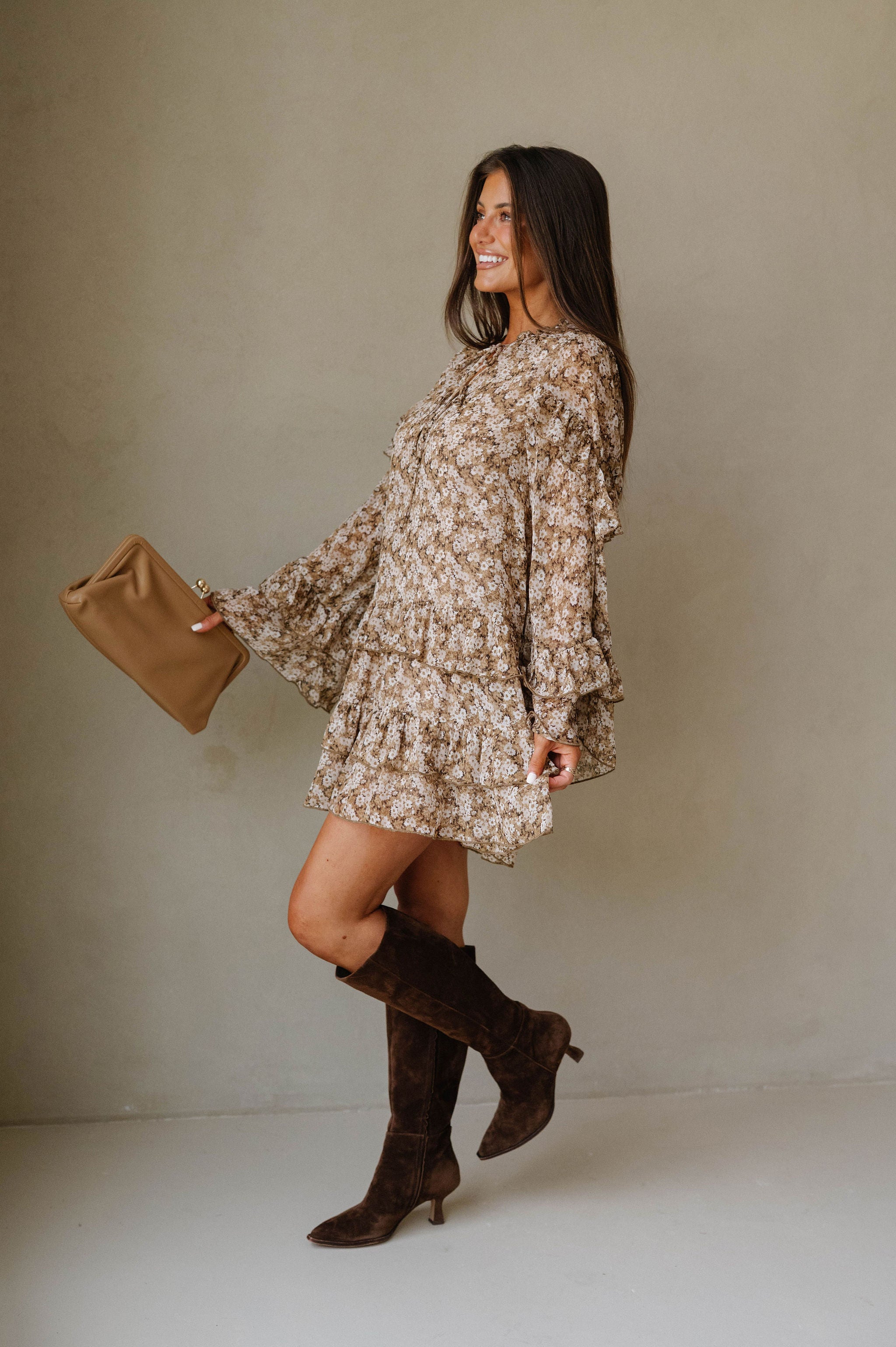 Floral Bell Sleeve Mini Dress-Olive/Taupe