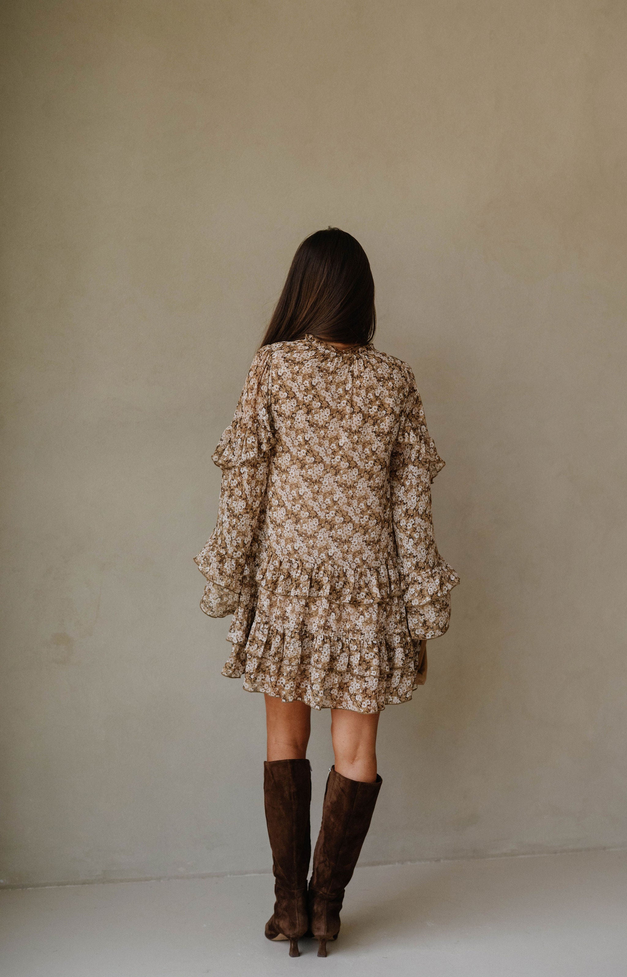 Floral Bell Sleeve Mini Dress-Olive/Taupe