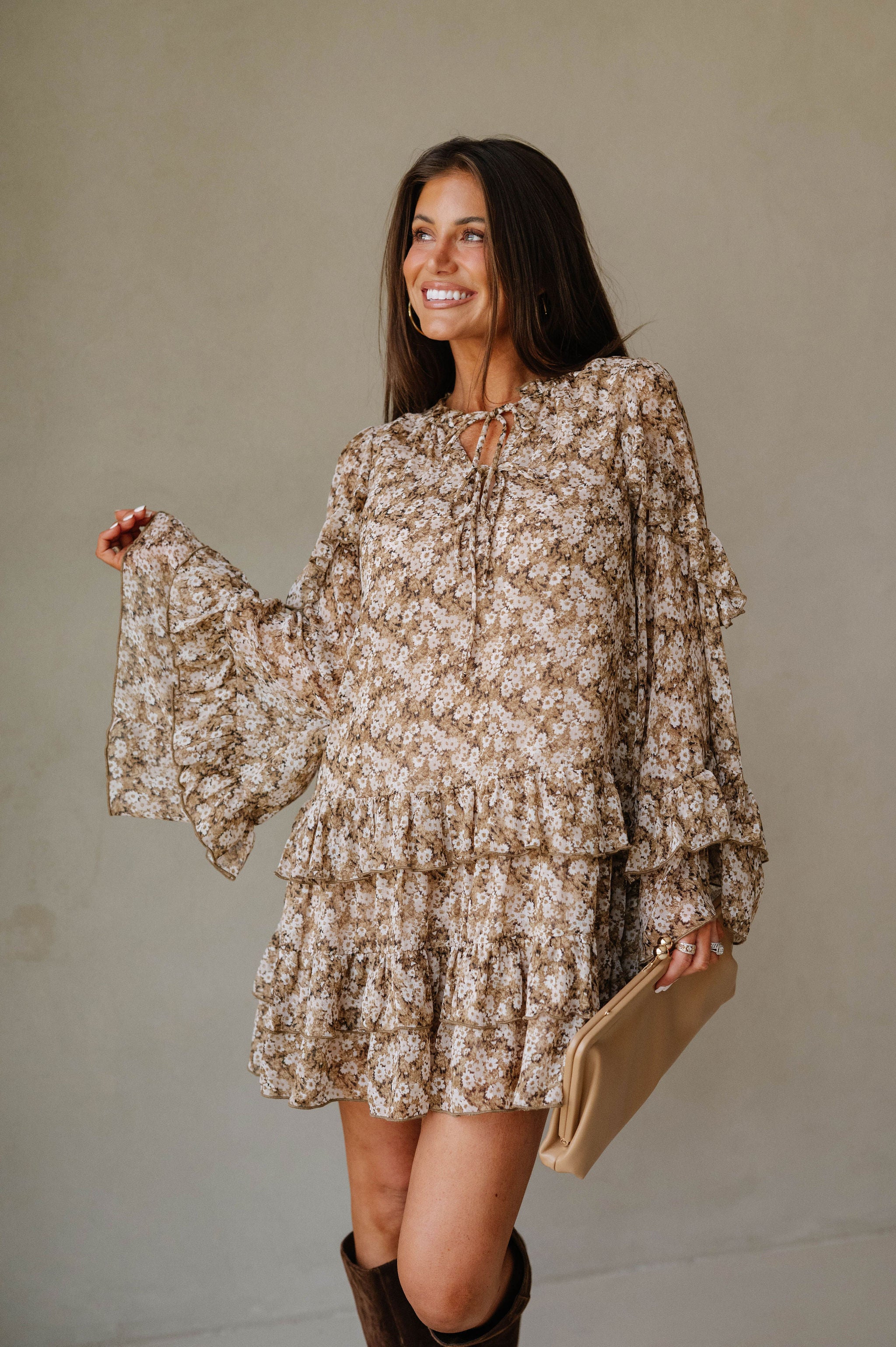 Floral Bell Sleeve Mini Dress-Olive/Taupe