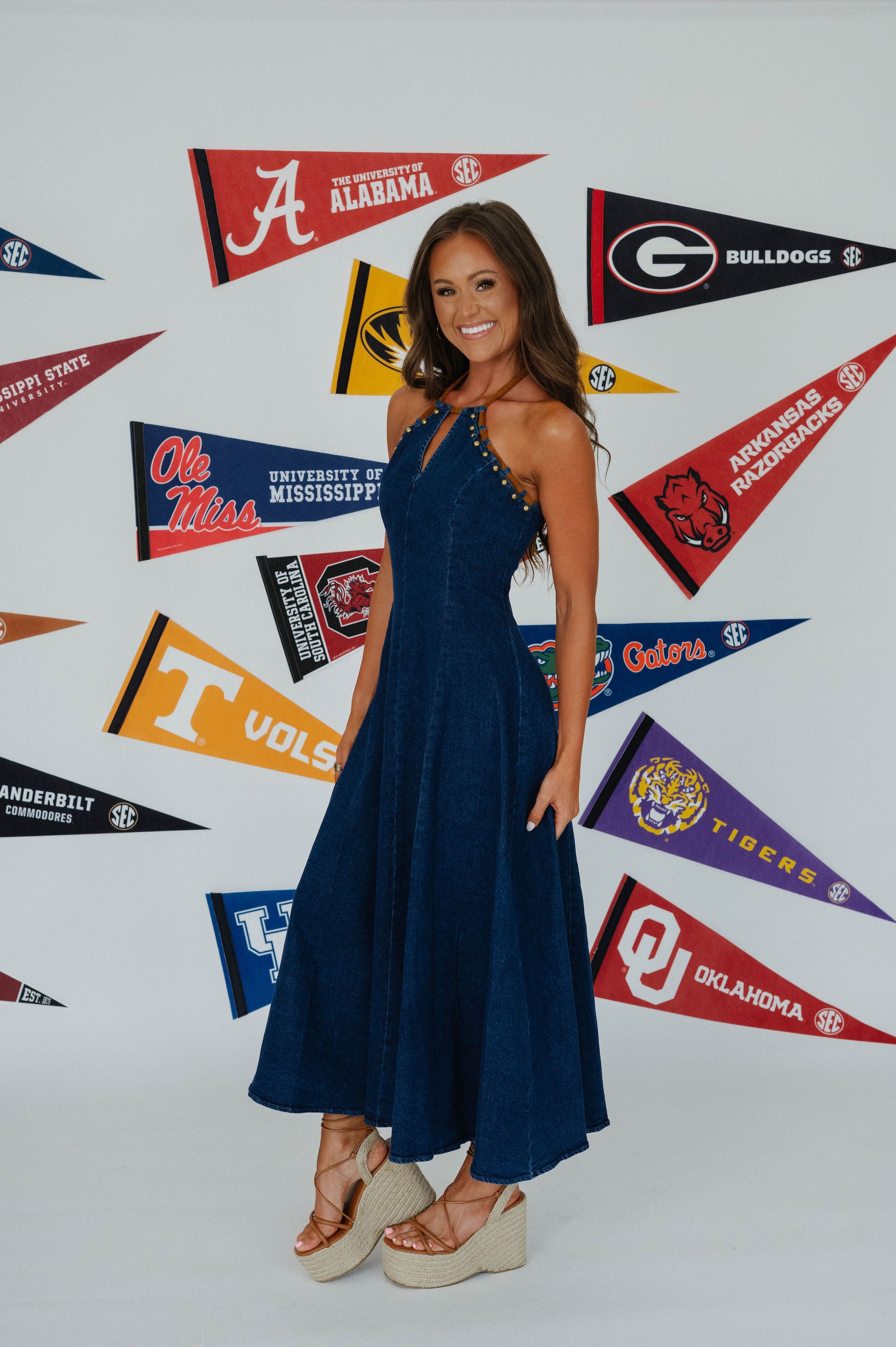 Rachel Halter Denim Maxi Dress