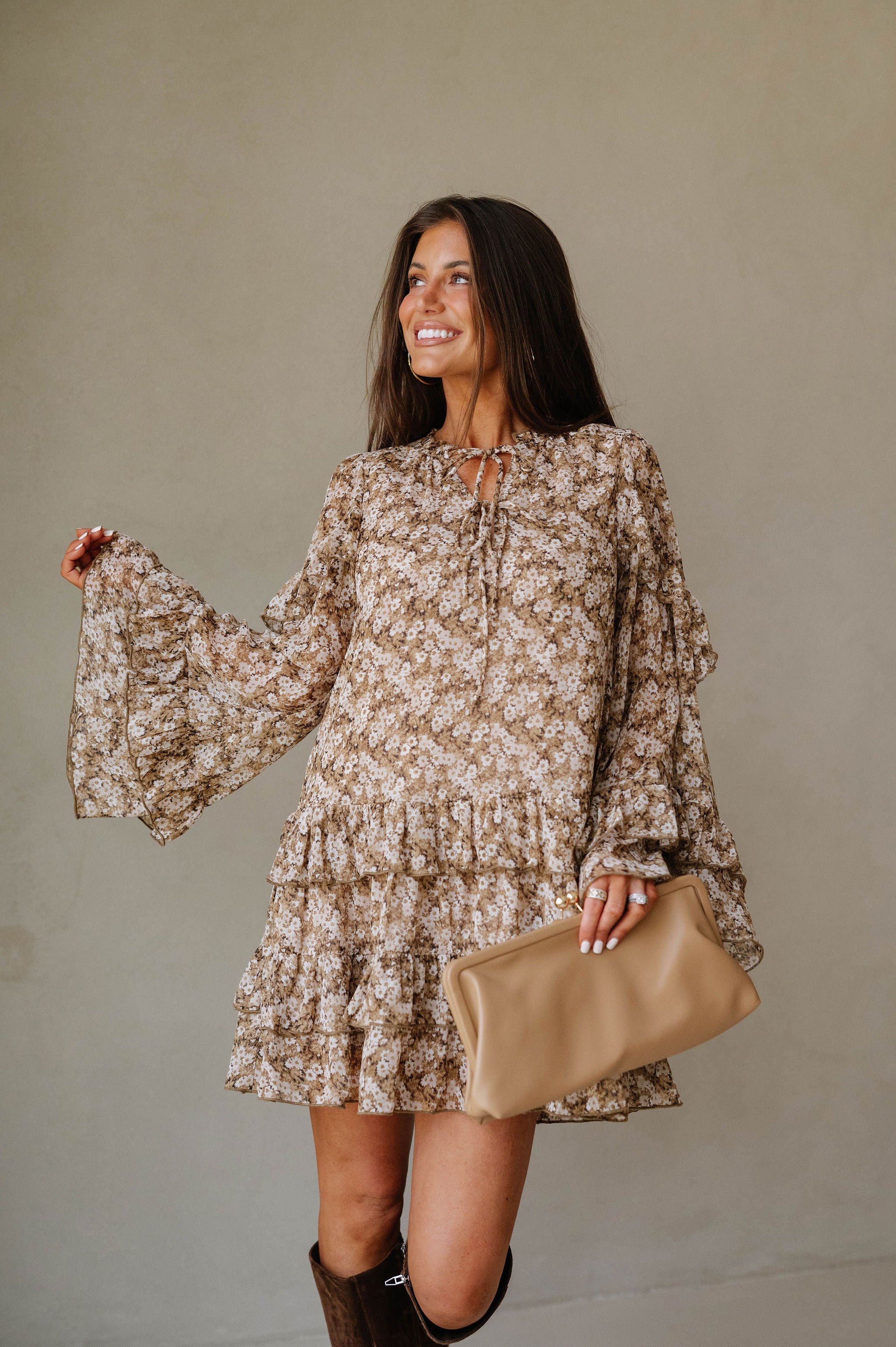 Floral Bell Sleeve Mini Dress-Olive/Taupe