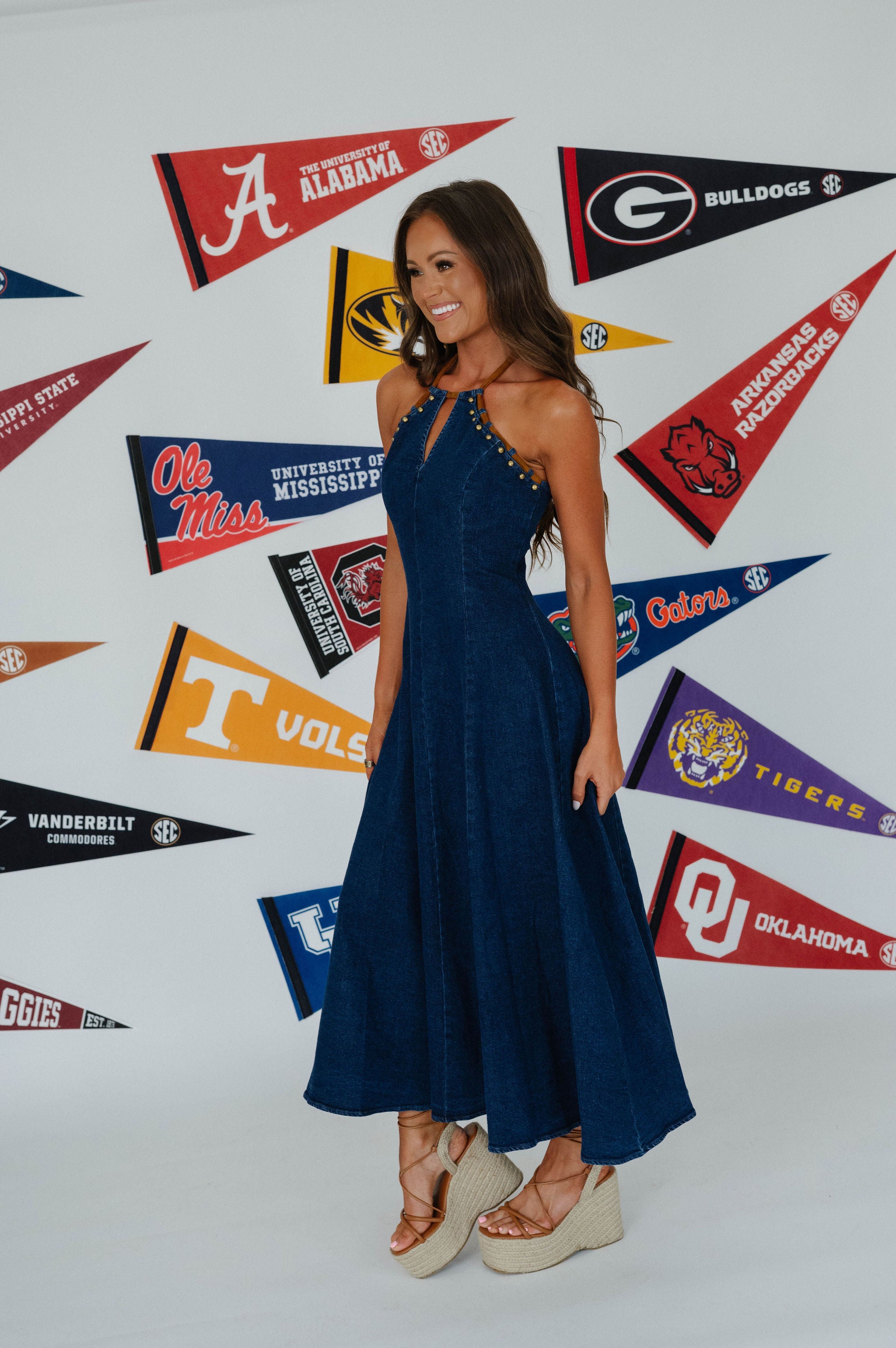 Rachel Halter Denim Maxi Dress