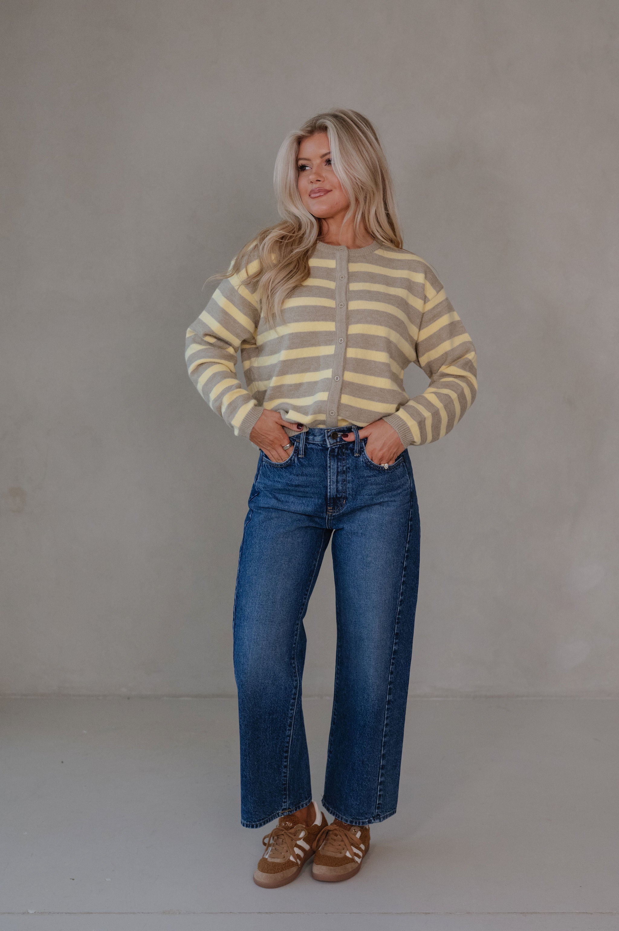 Devon Striped Cardigan-Beige/Yellow