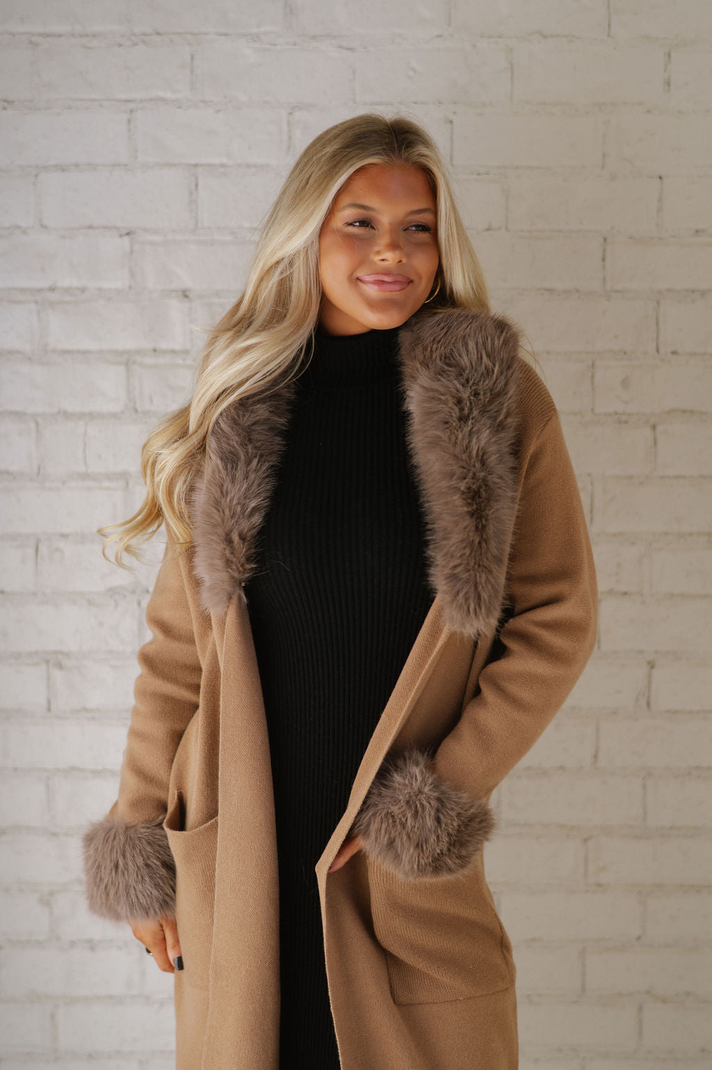 Madeline Faux Fur Trim Cardigan-Mocha