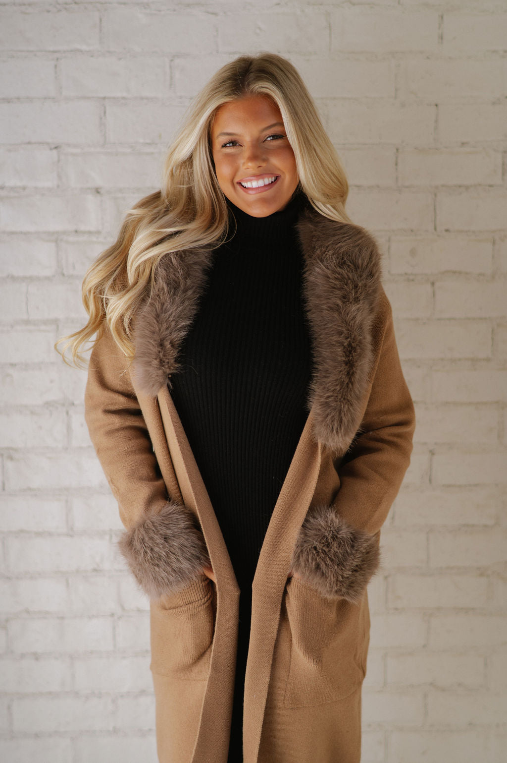 Madeline Faux Fur Trim Cardigan-Mocha