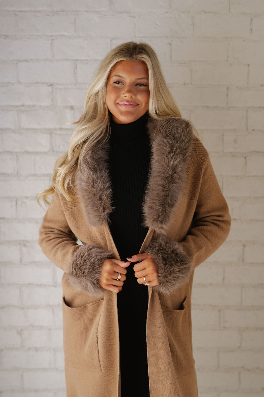 Madeline Faux Fur Trim Cardigan-Mocha